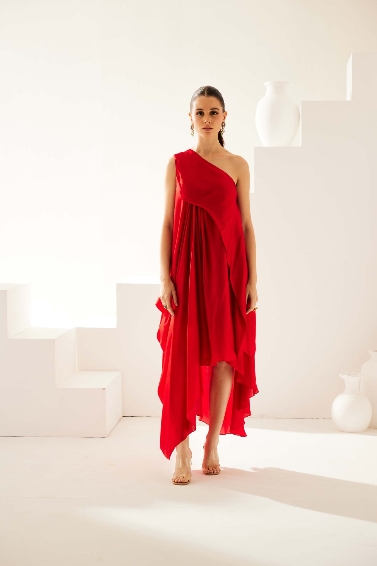 Red Aysmmetrical Maxi Dress