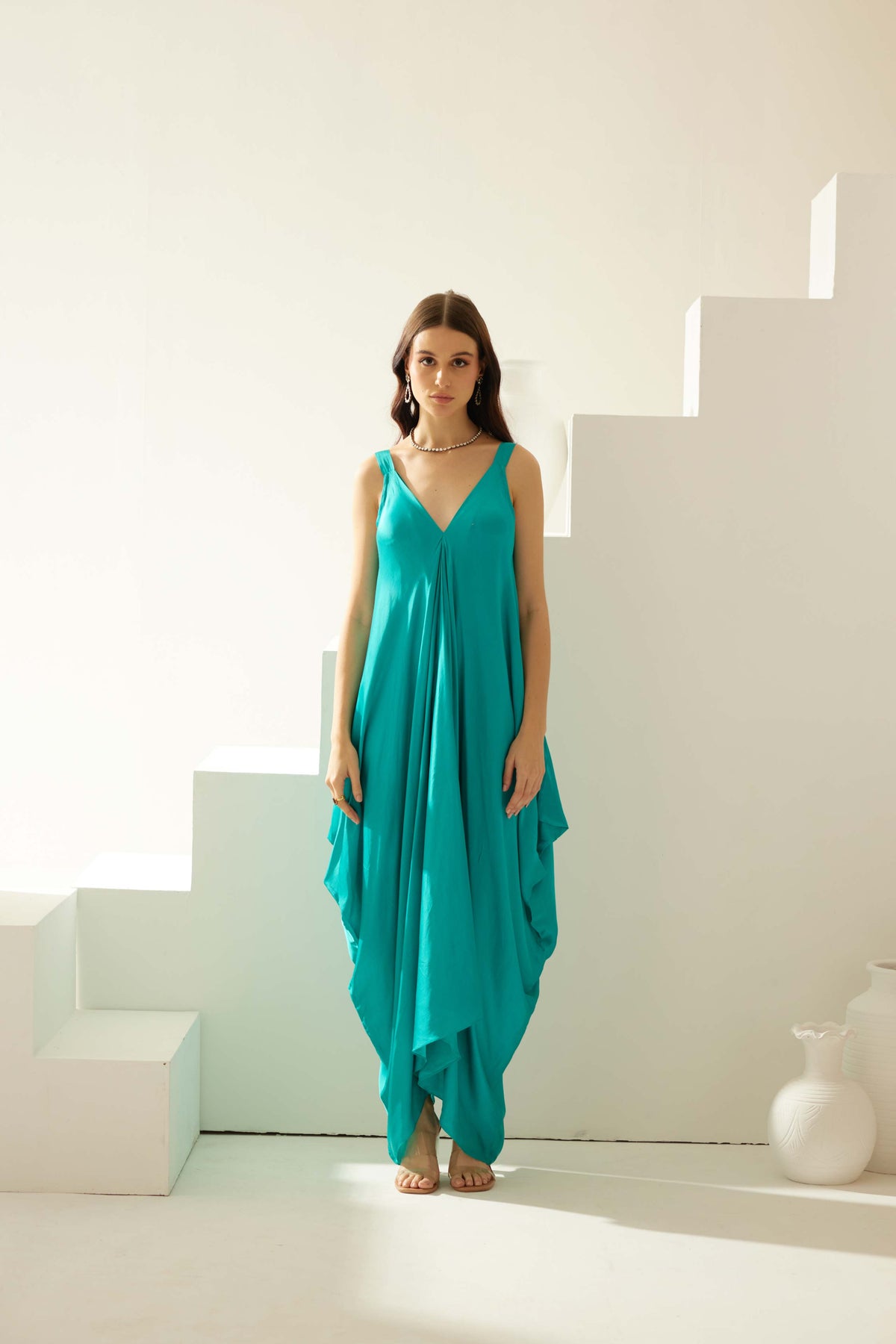 Turquoise Satin Maxi Dress