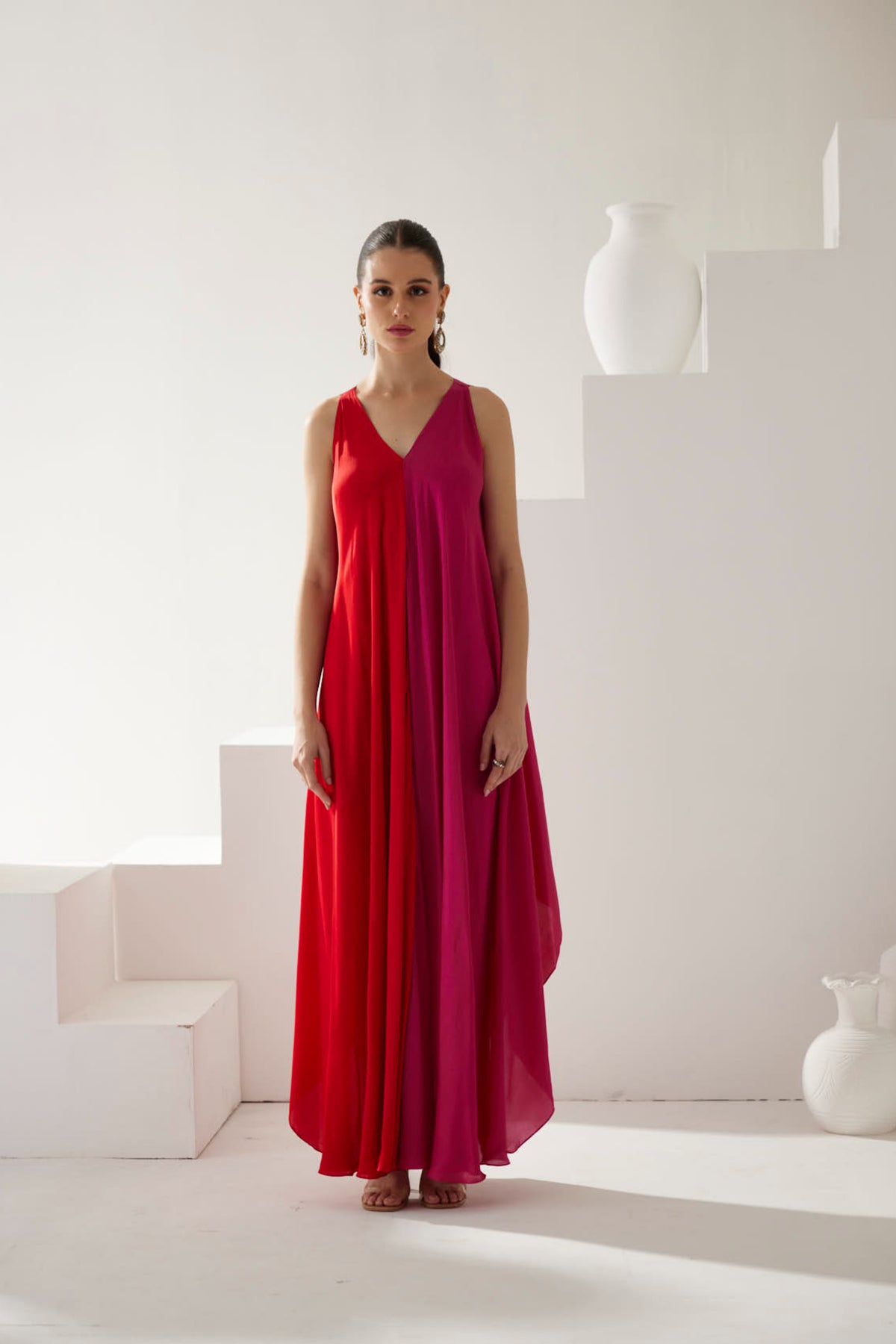 Red And Pink Colorblock Maxi Dress