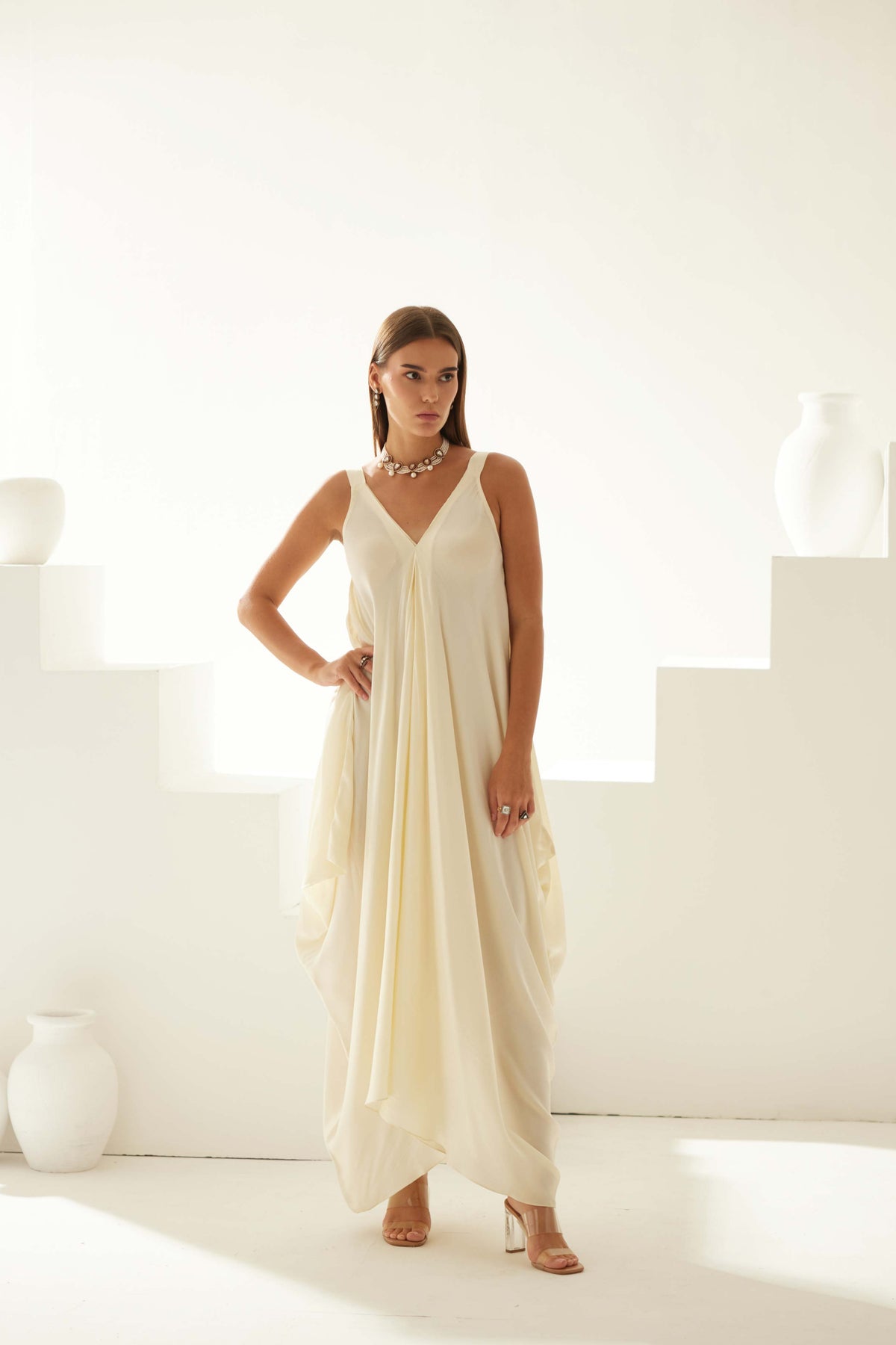 Cream Satin Maxi Dress