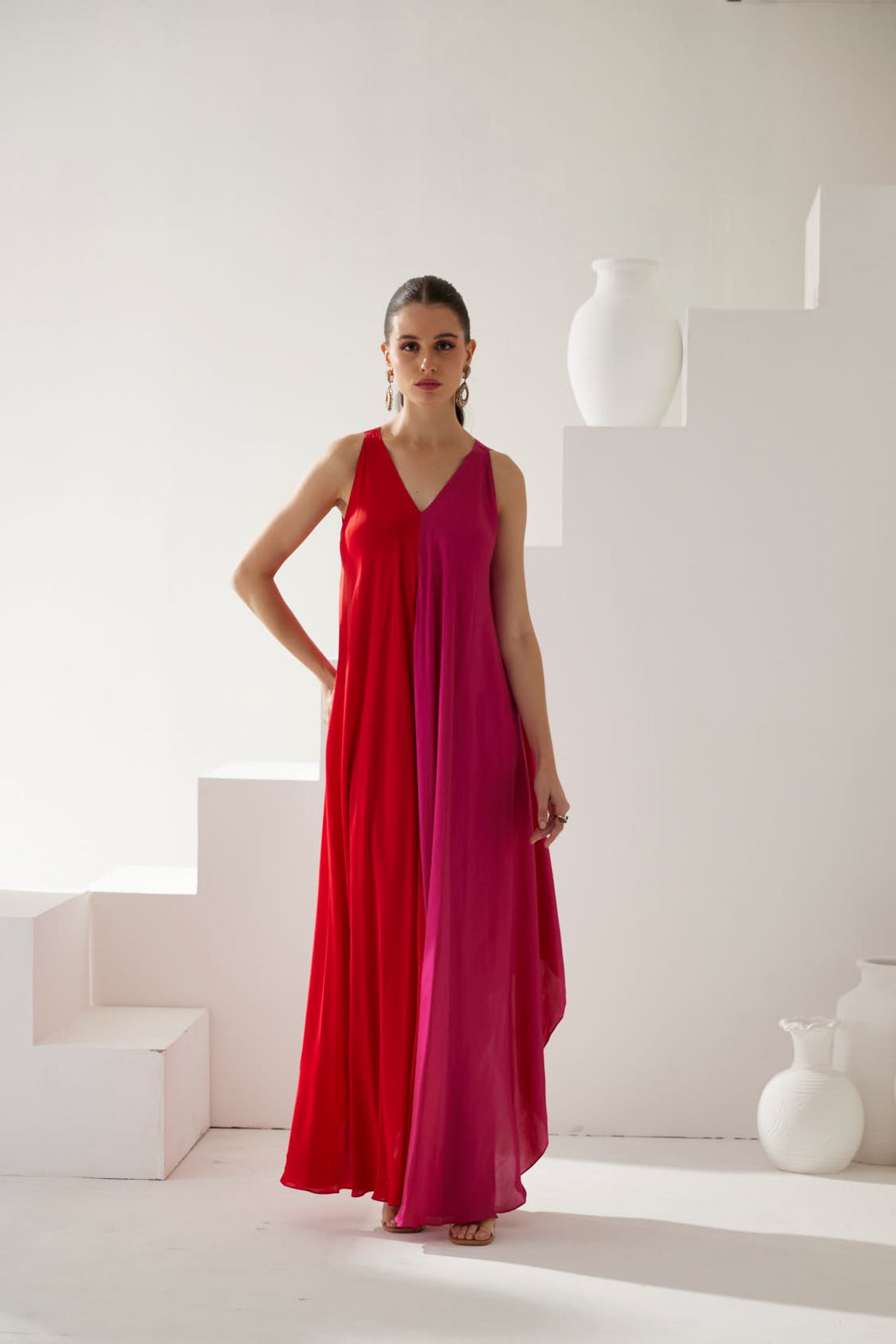 Red And Pink Colorblock Maxi Dress