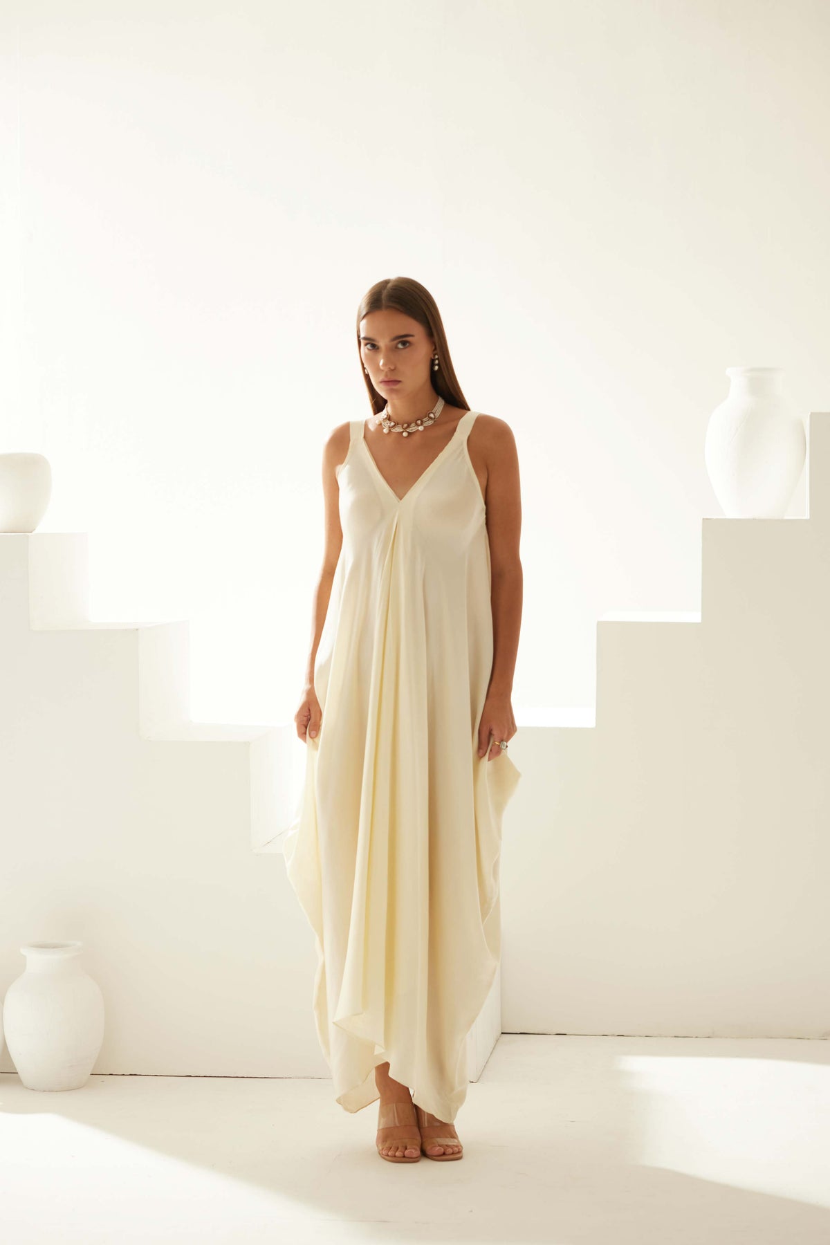 Cream Satin Maxi Dress