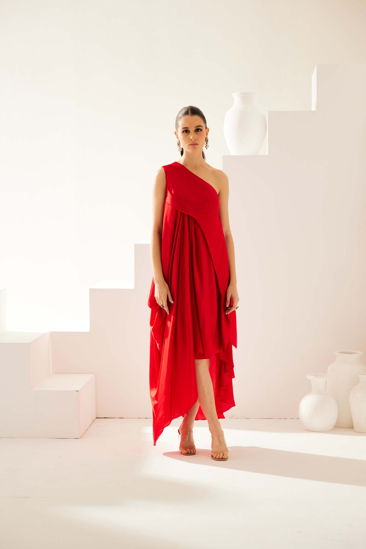 Red Aysmmetrical Maxi Dress