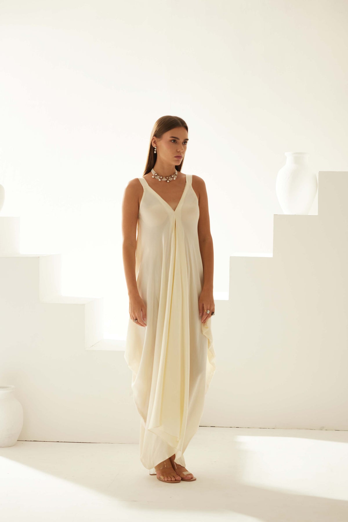 Cream Satin Maxi Dress