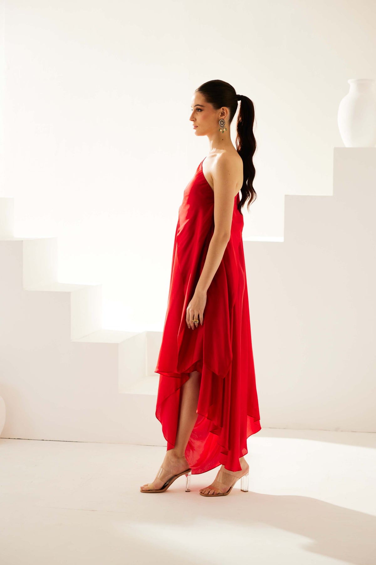 Red Aysmmetrical Maxi Dress