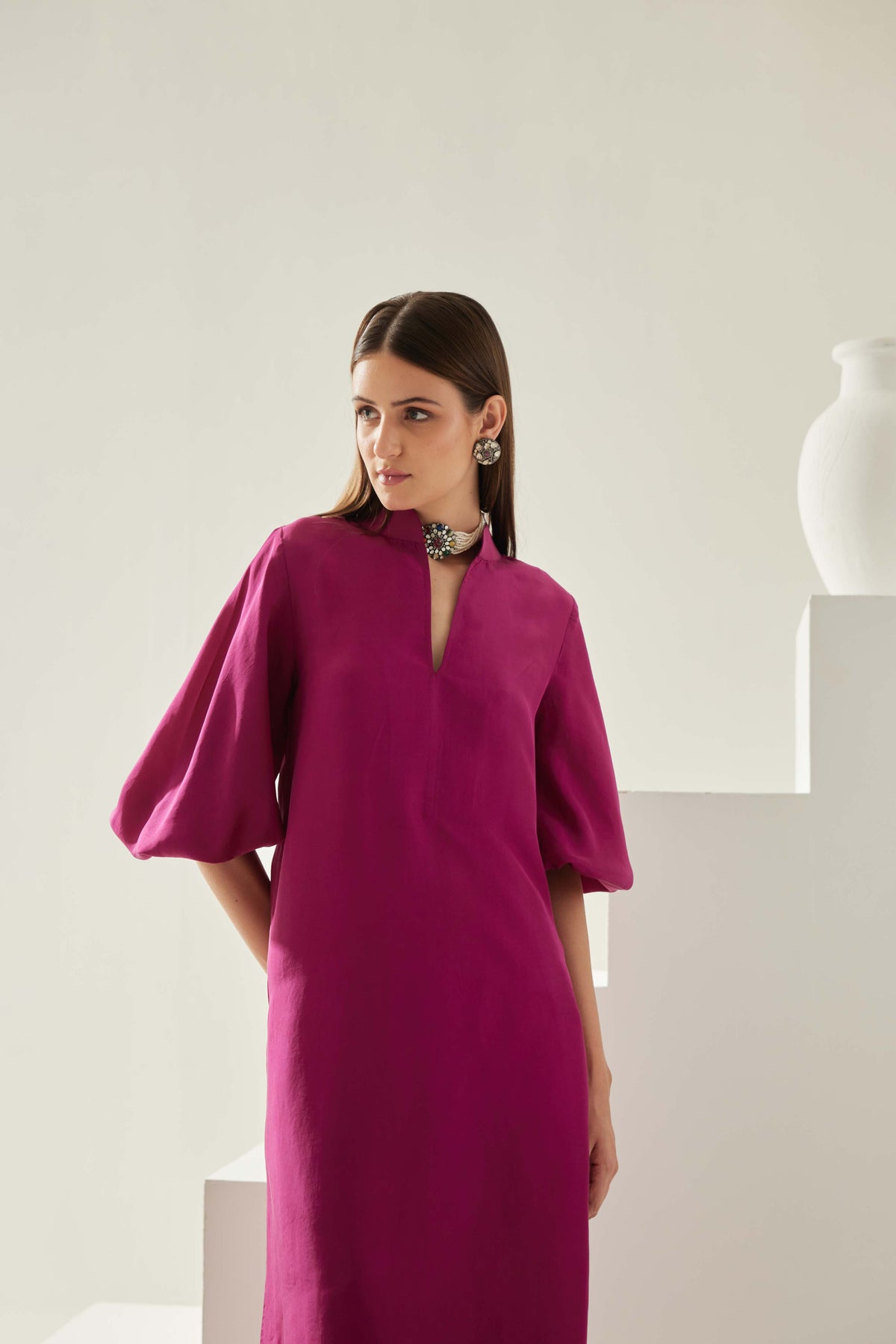 Wine V-neck Tunic Sets