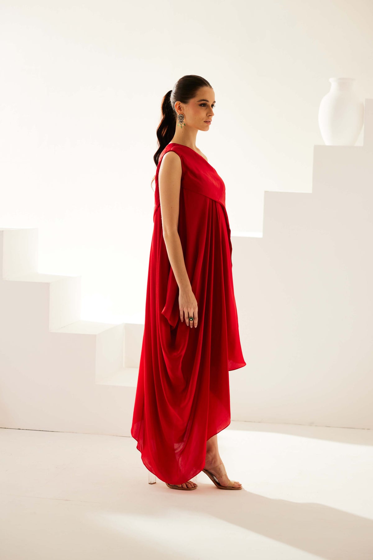 Red Aysmmetrical Maxi Dress