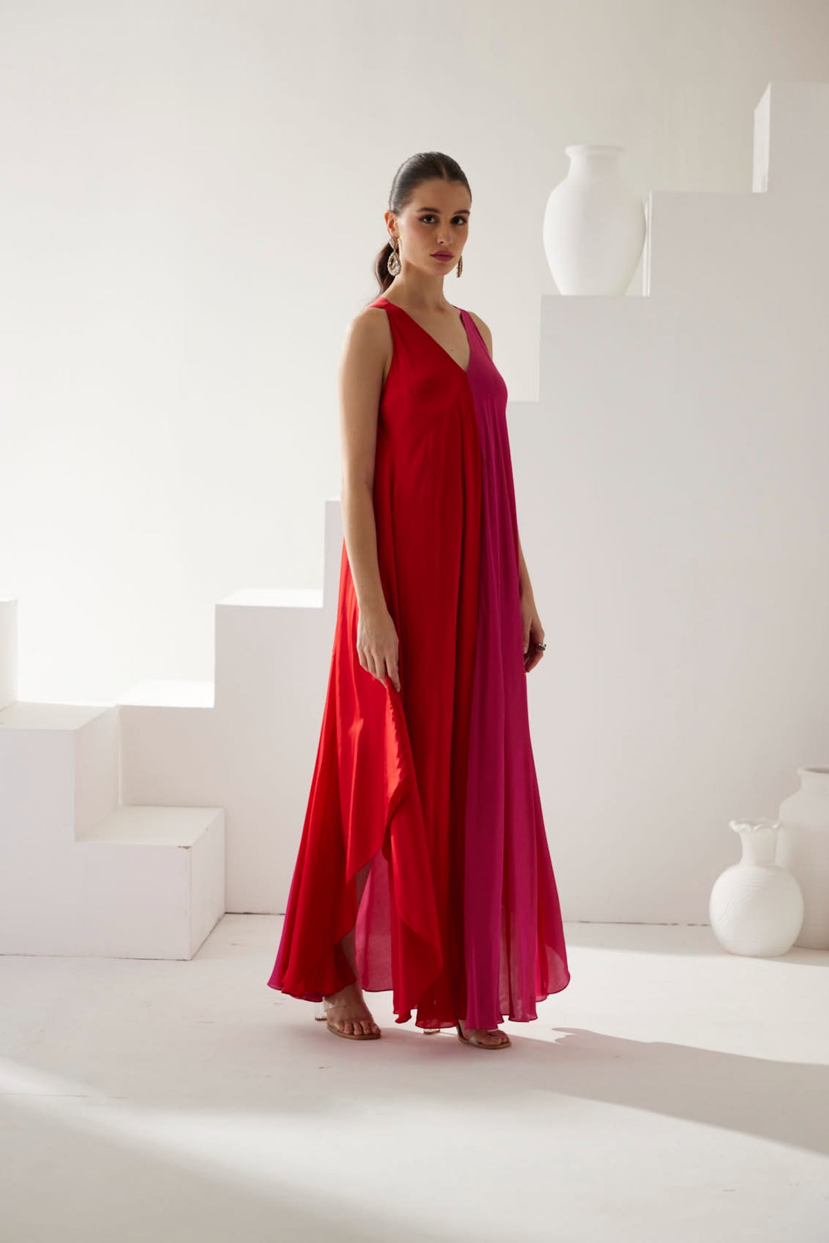 Red And Pink Colorblock Maxi Dress