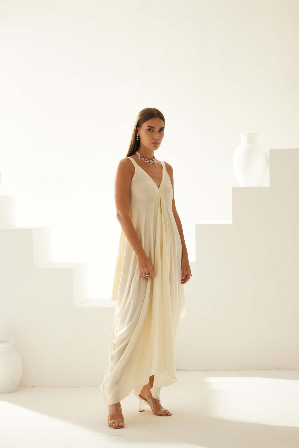 Cream Satin Maxi Dress