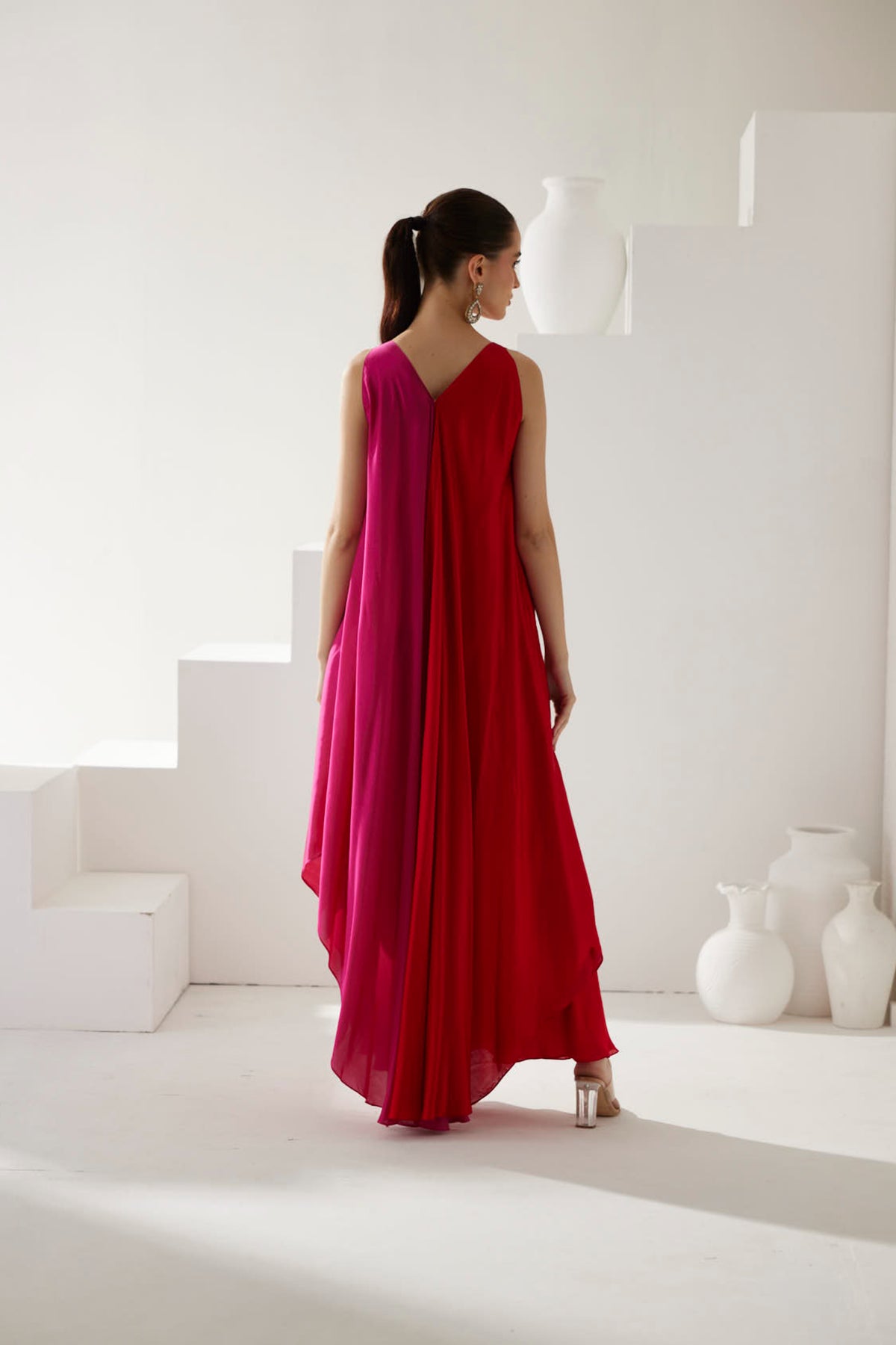 Red And Pink Colorblock Maxi Dress