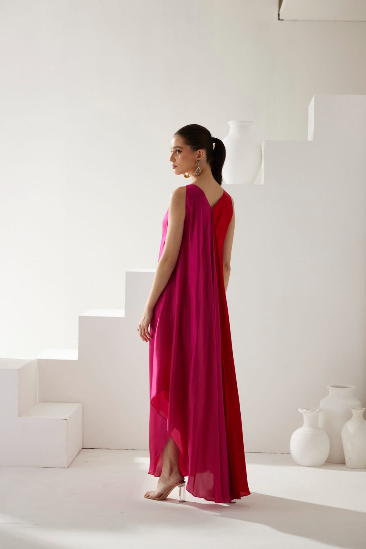 Red And Pink Colorblock Maxi Dress