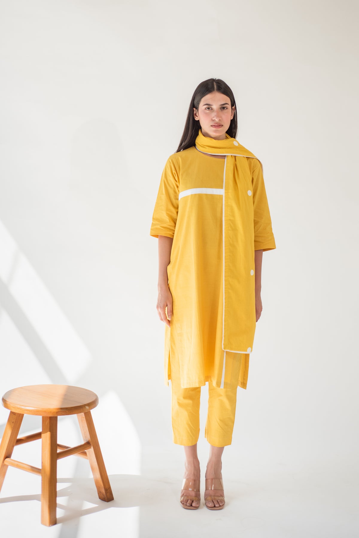 Yellow Applique Kurta With Pant And Stole