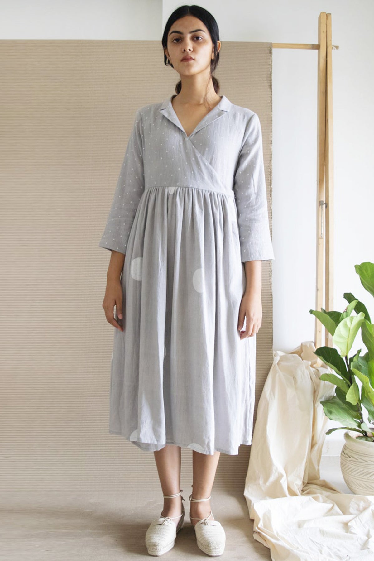 Grey Polka Cuban Collar Dress