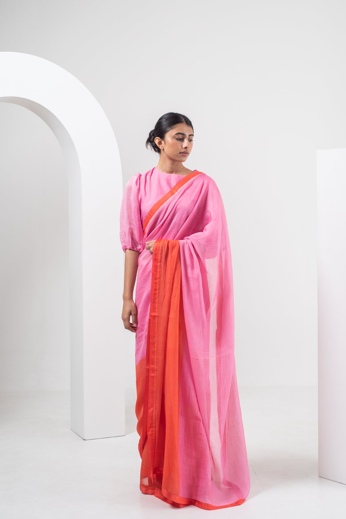 Red And Pink Ombre Chanderi Silk Saree Set
