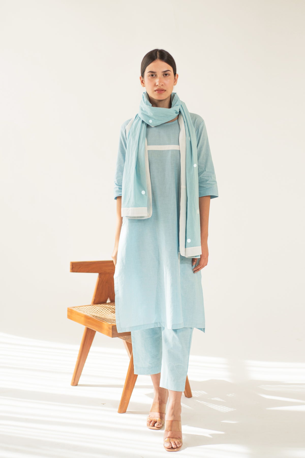 Blue Applique Kurta With Pant And Stole