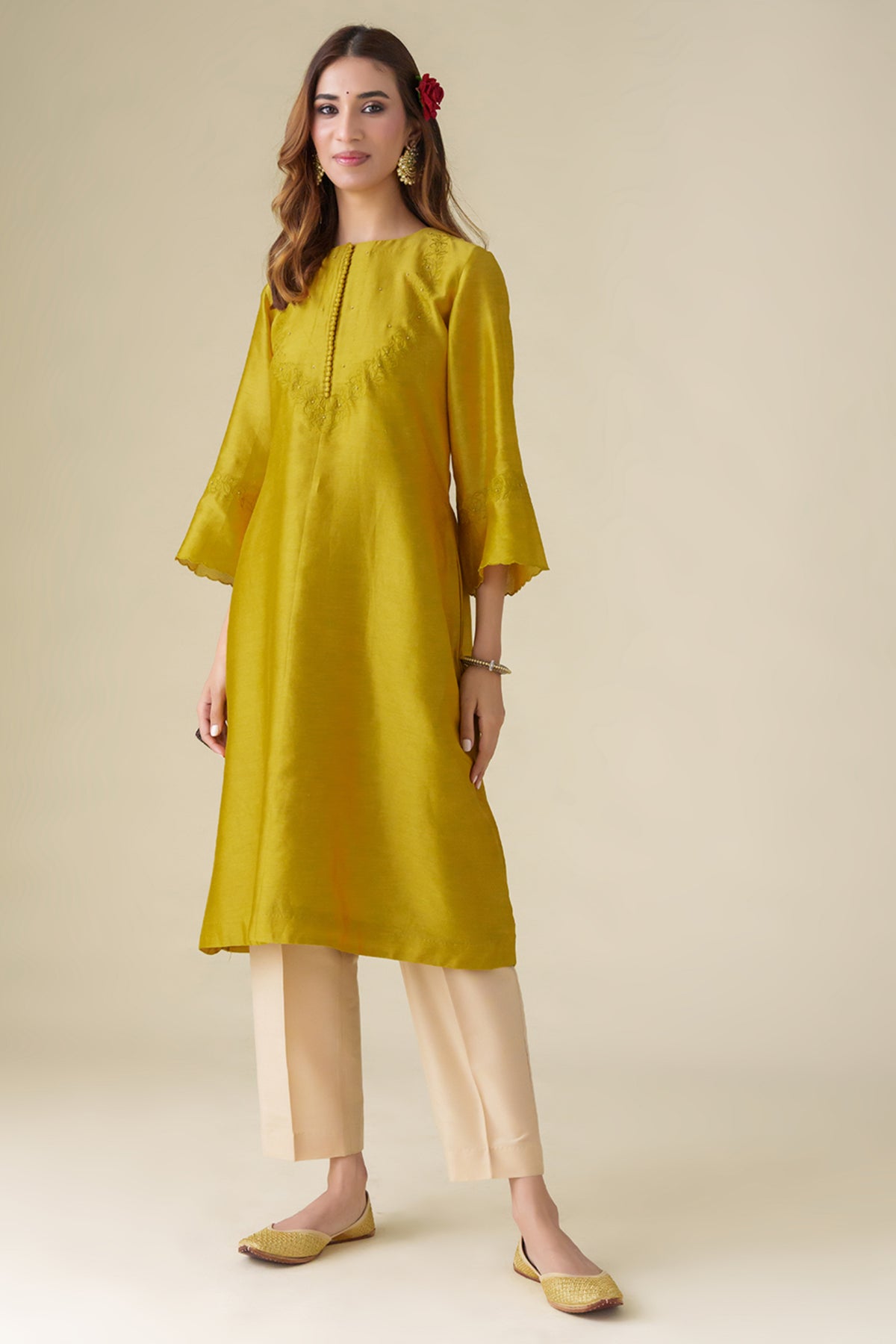 Mustard Floral Embrodeiry Sarang Kurta