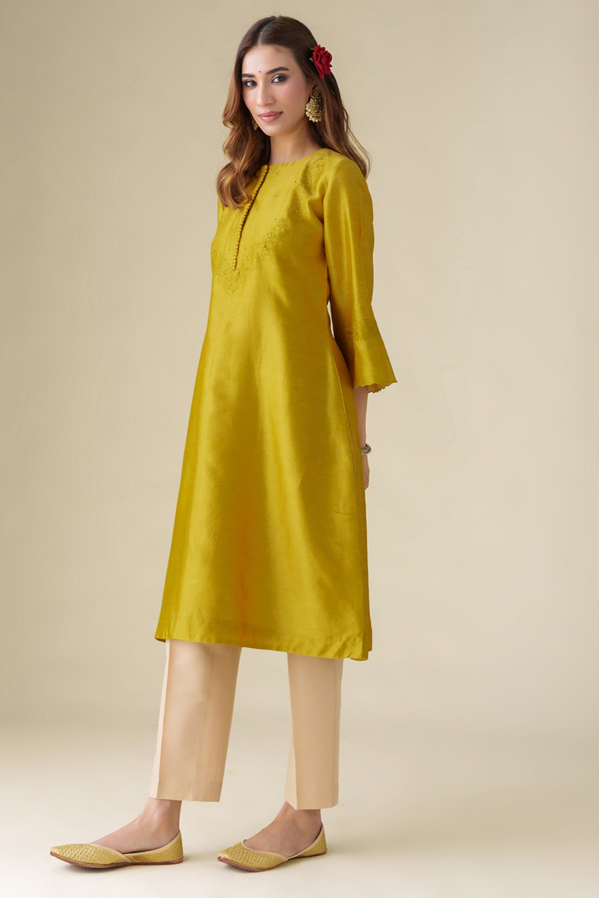 Mustard Floral Embrodeiry Sarang Kurta