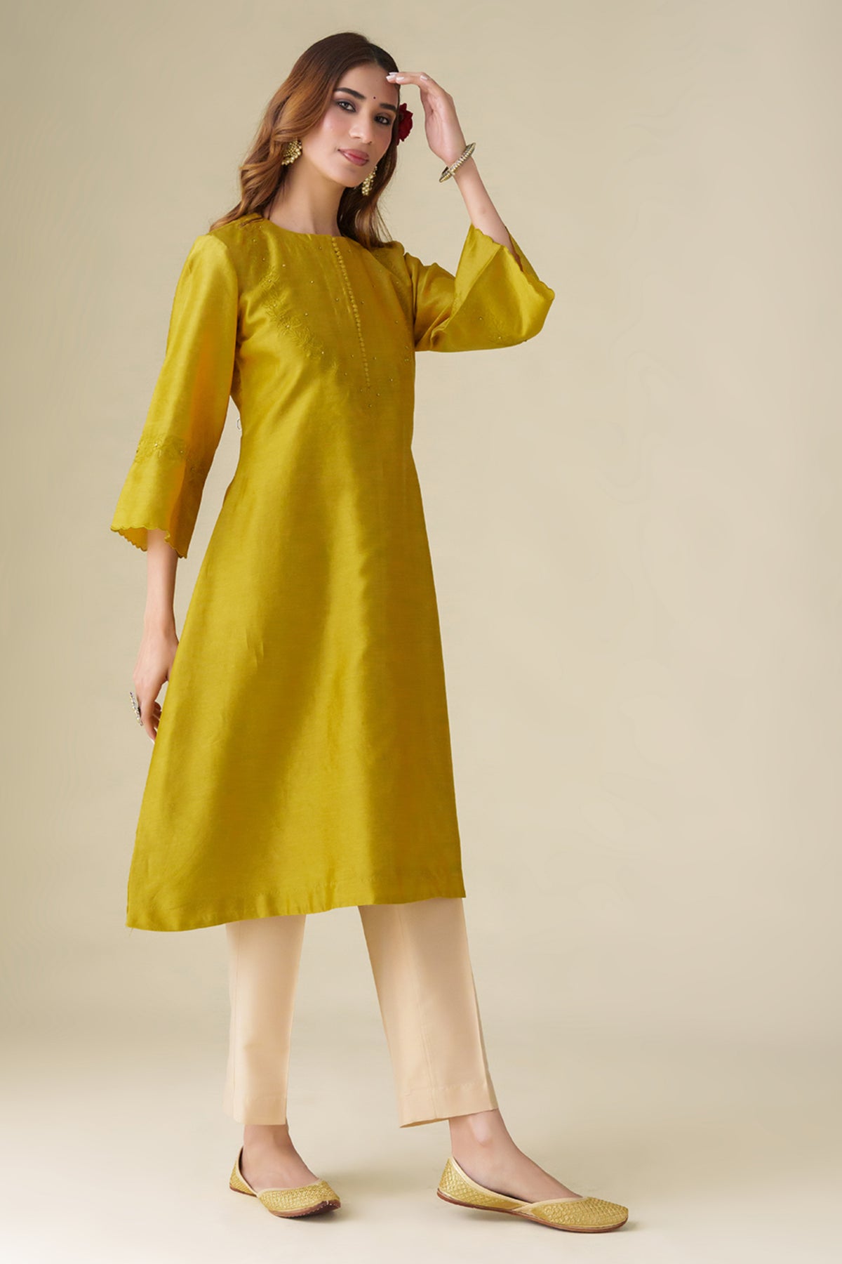 Mustard Floral Embrodeiry Sarang Kurta