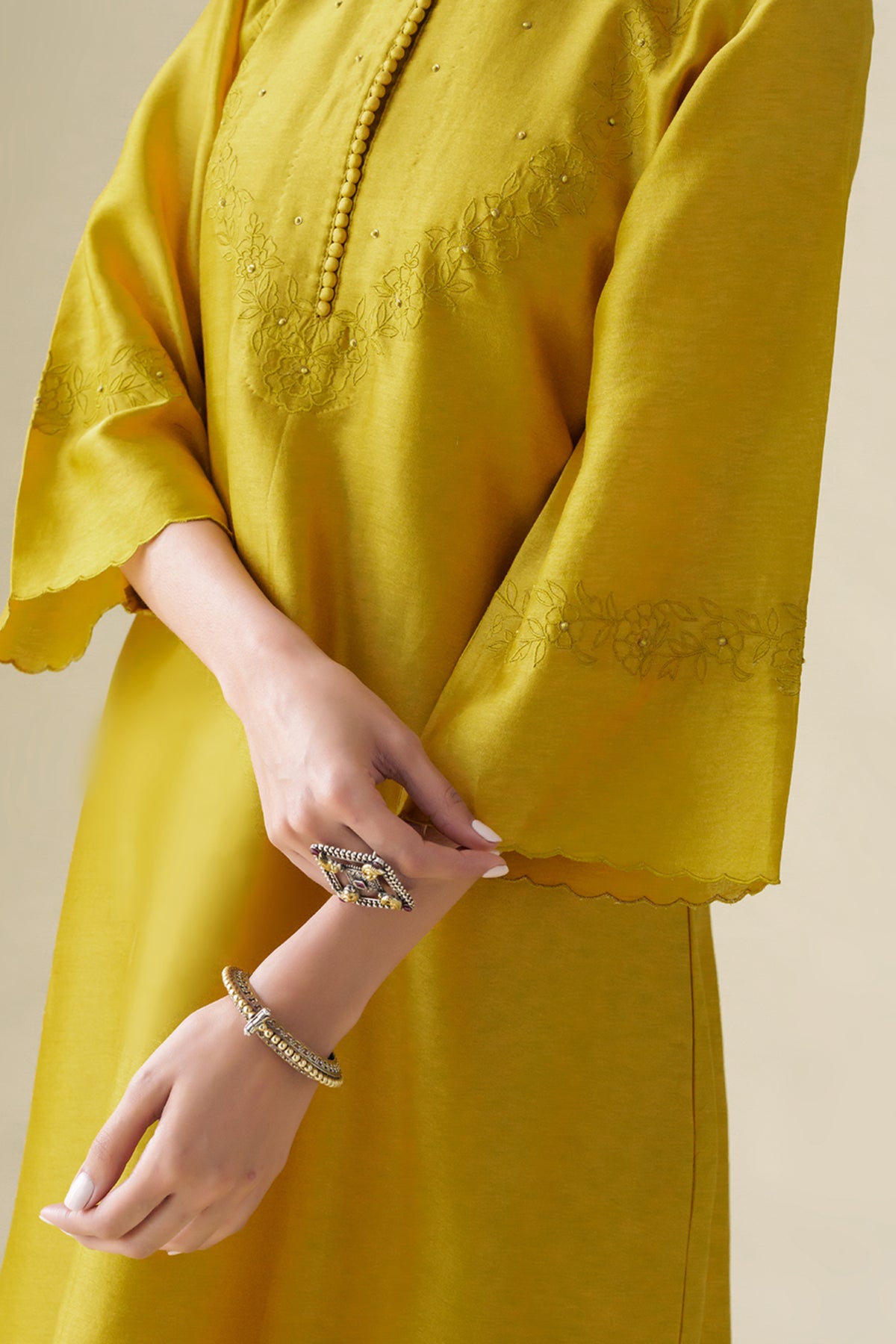 Mustard Floral Embrodeiry Sarang Kurta