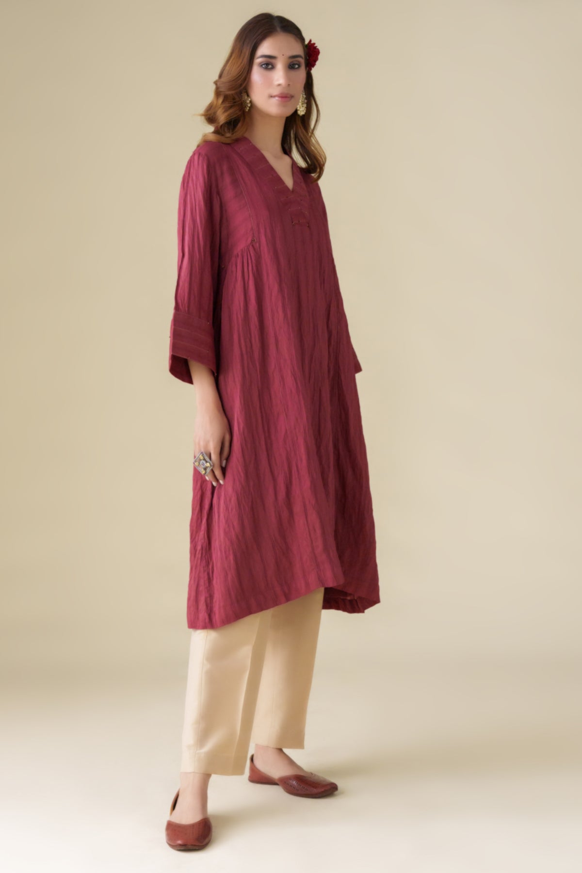 Maroon Crinkle Kurta With Slip