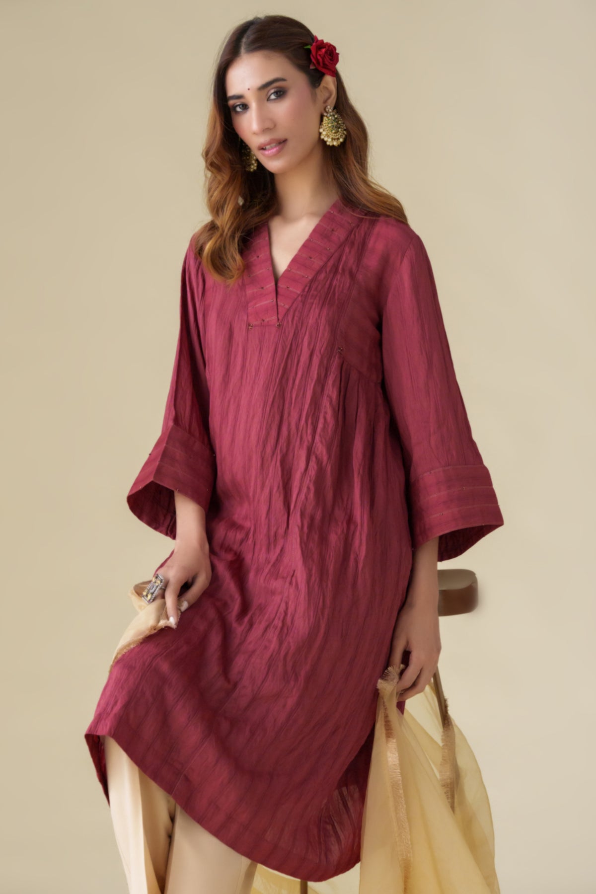 Maroon Crinkle Kurta With Slip