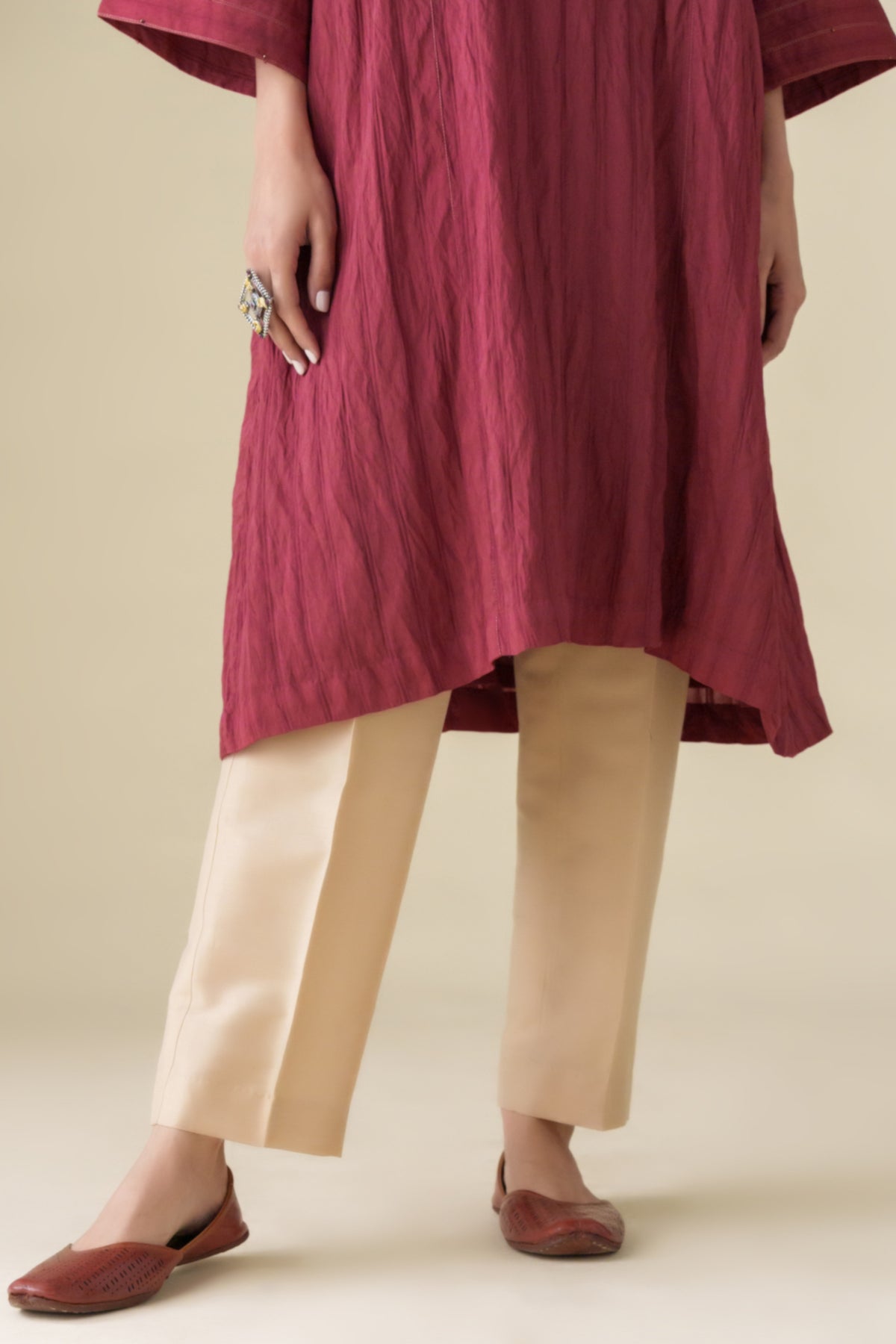 Maroon Crinkle Kurta With Slip