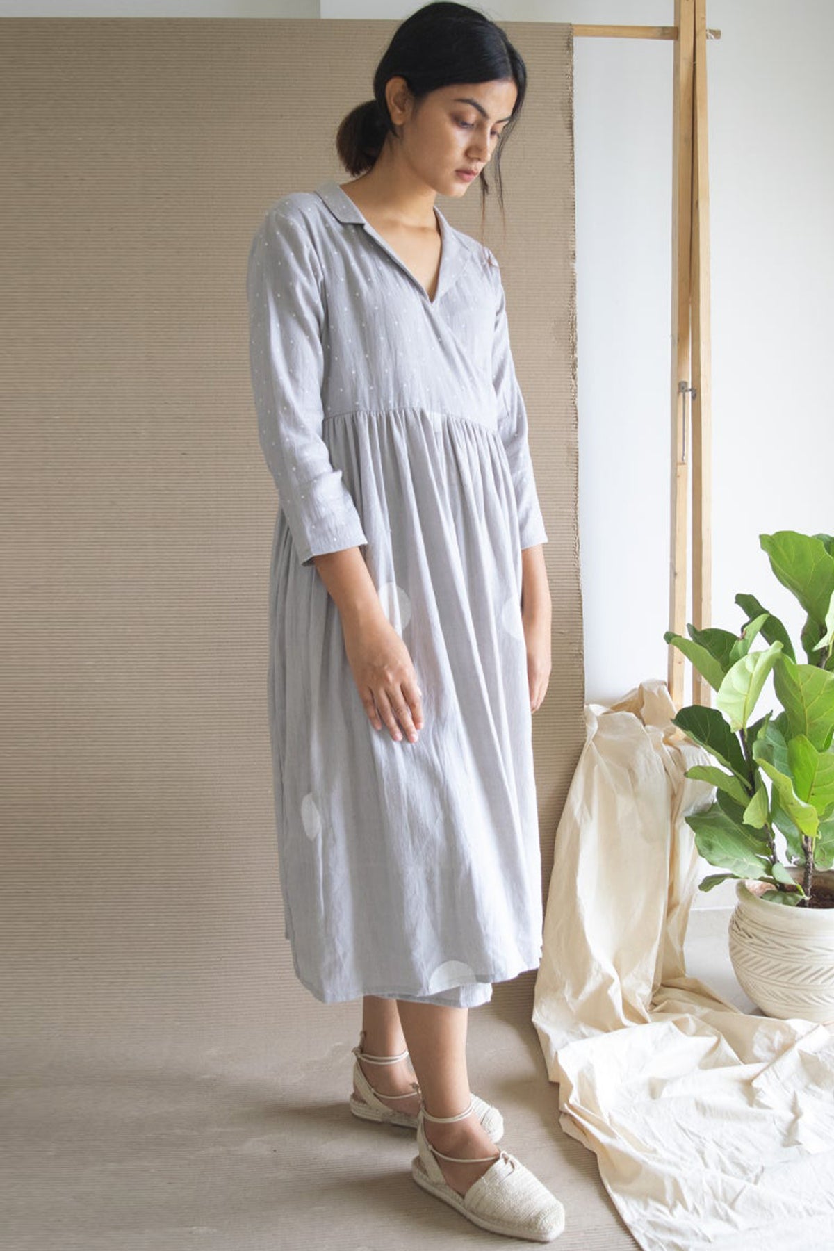 Grey Polka Cuban Collar Dress