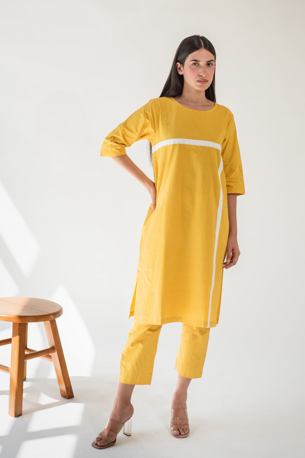 Yellow Applique Kurta With Pant And Stole