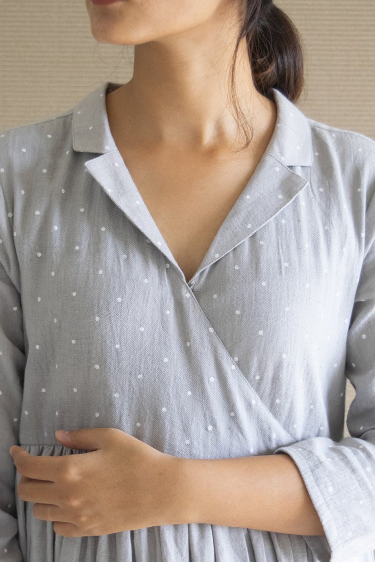 Grey Polka Cuban Collar Dress