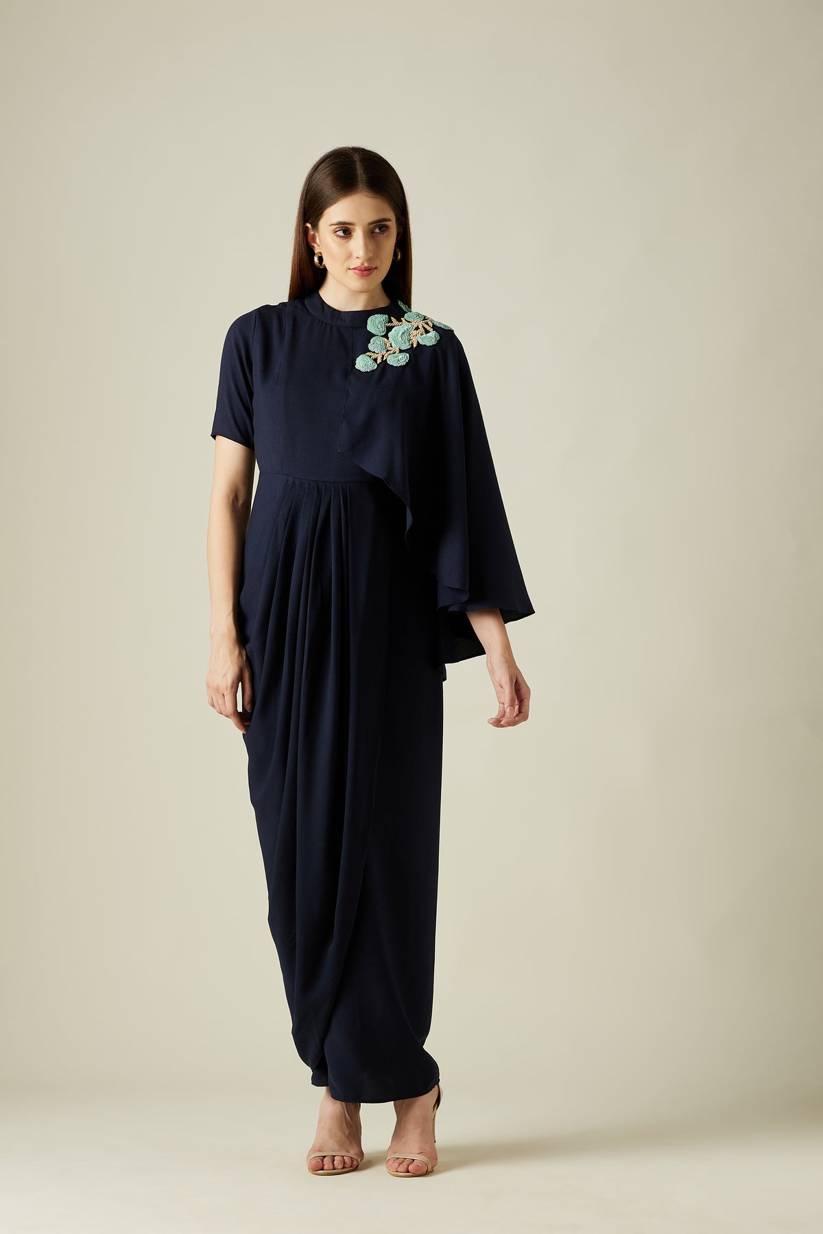 Navy Floral Drape Dress