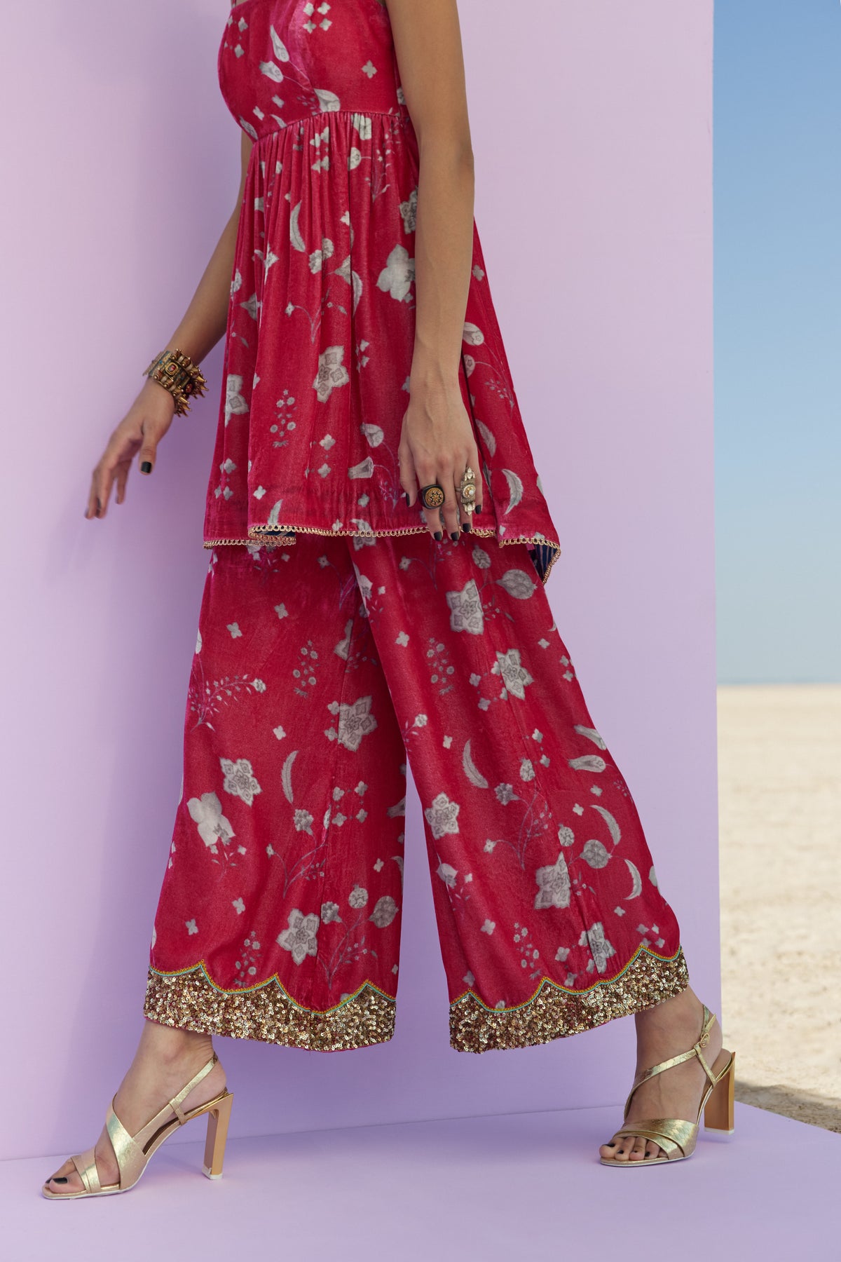 Magenta Printed Puckering Kurta Set