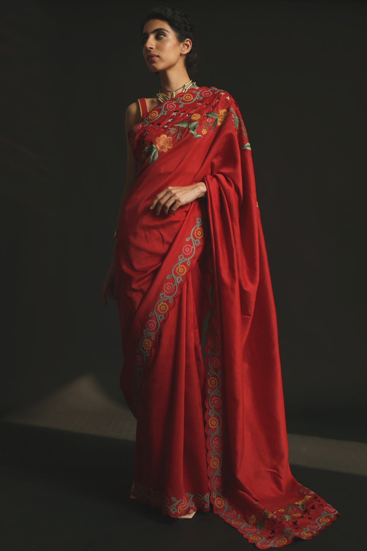 Red chanderi cutwork and threadwork saree
