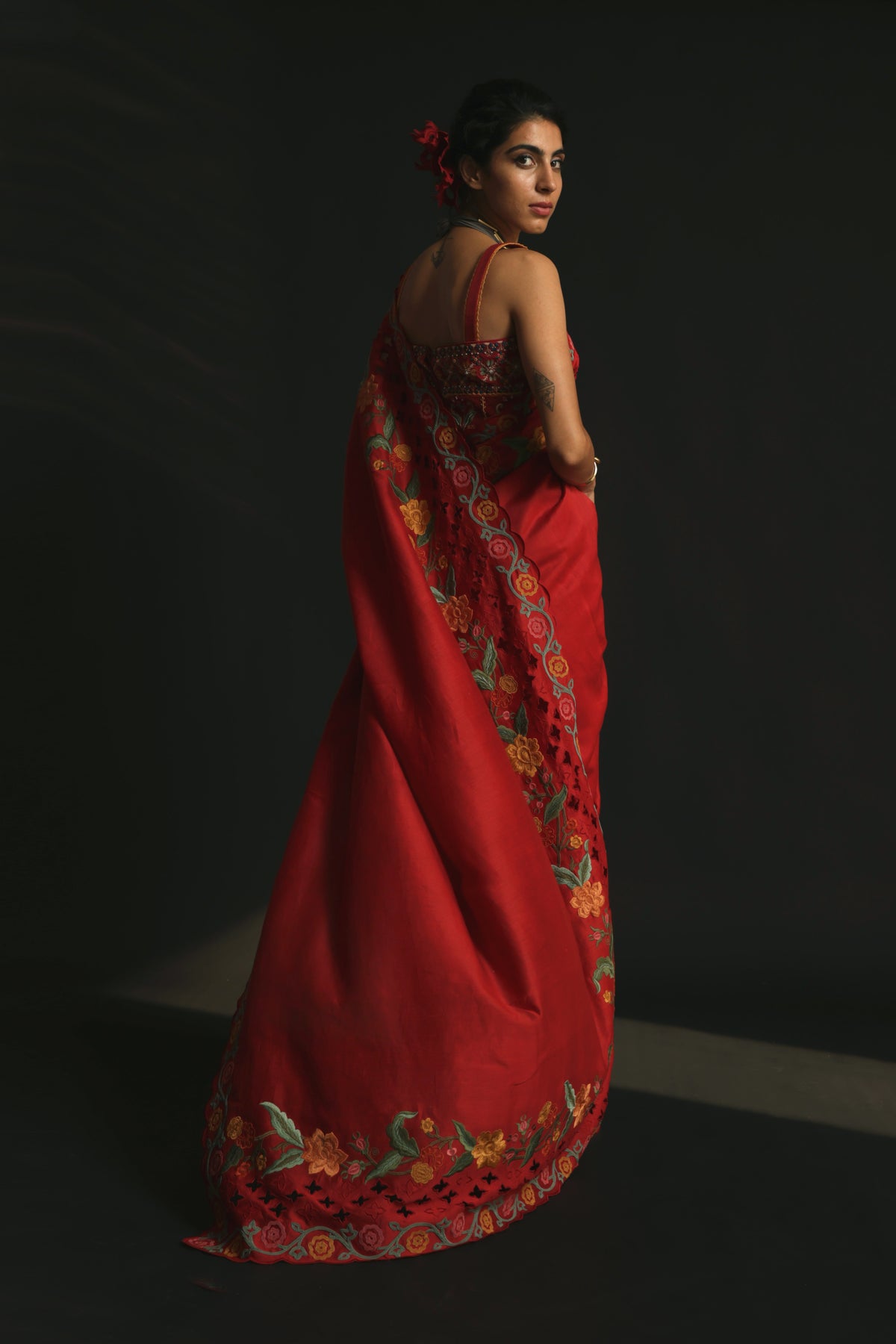 Red chanderi cutwork and threadwork saree