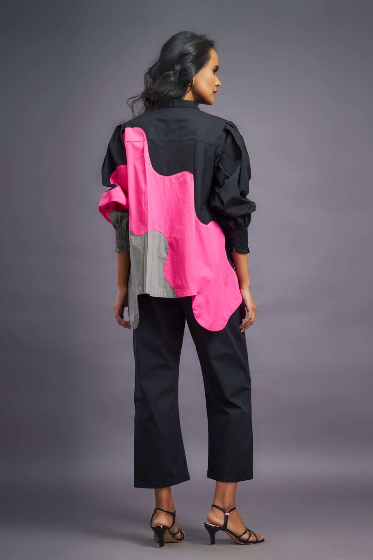 Black Pink Shirt With Curve Cut Pattern