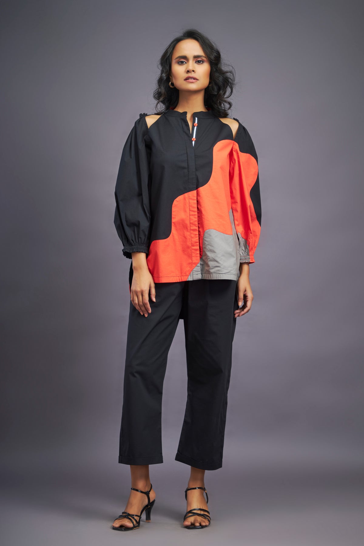 Black Orange Cold Shoulder Shirt