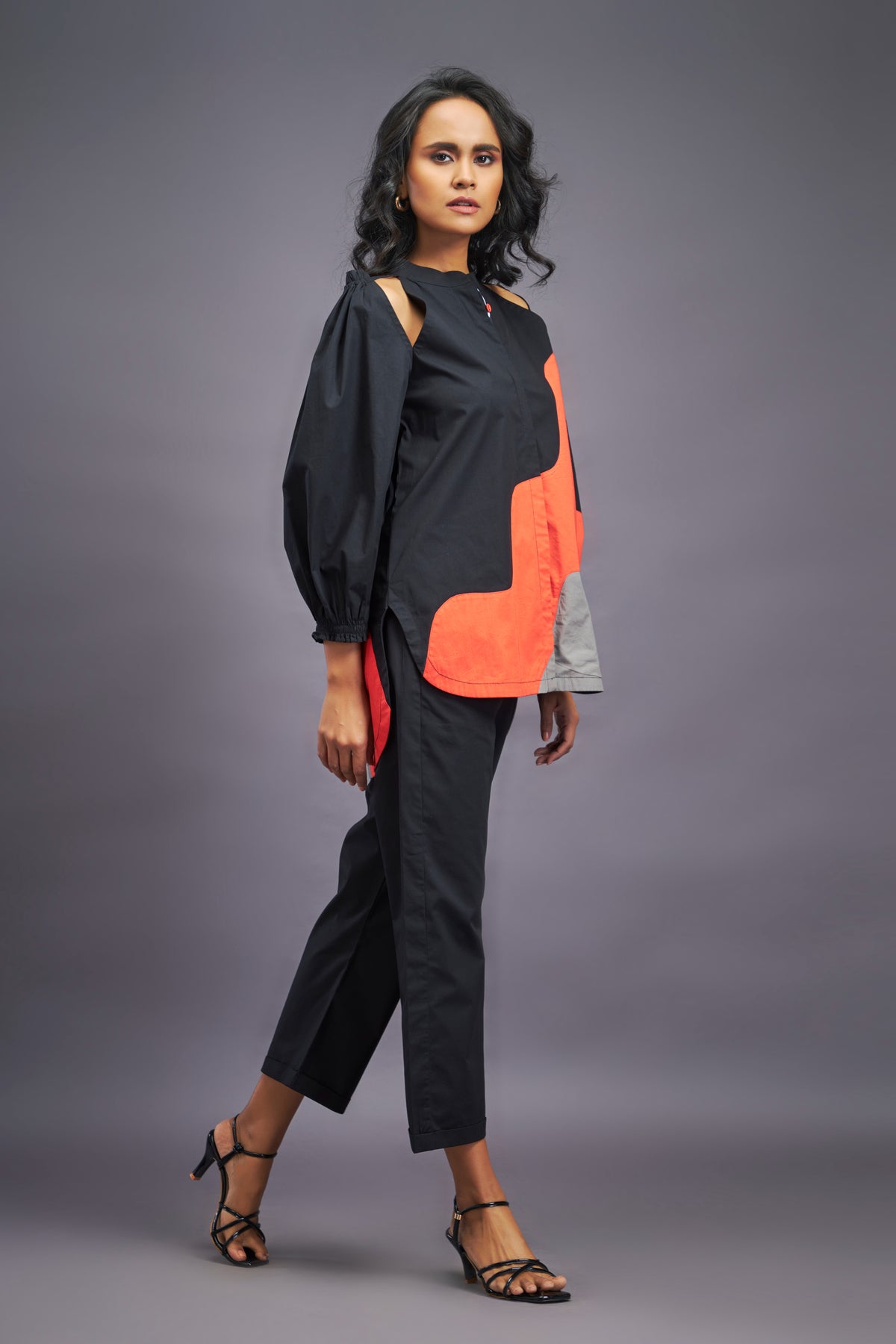 Black Orange Cold Shoulder Shirt