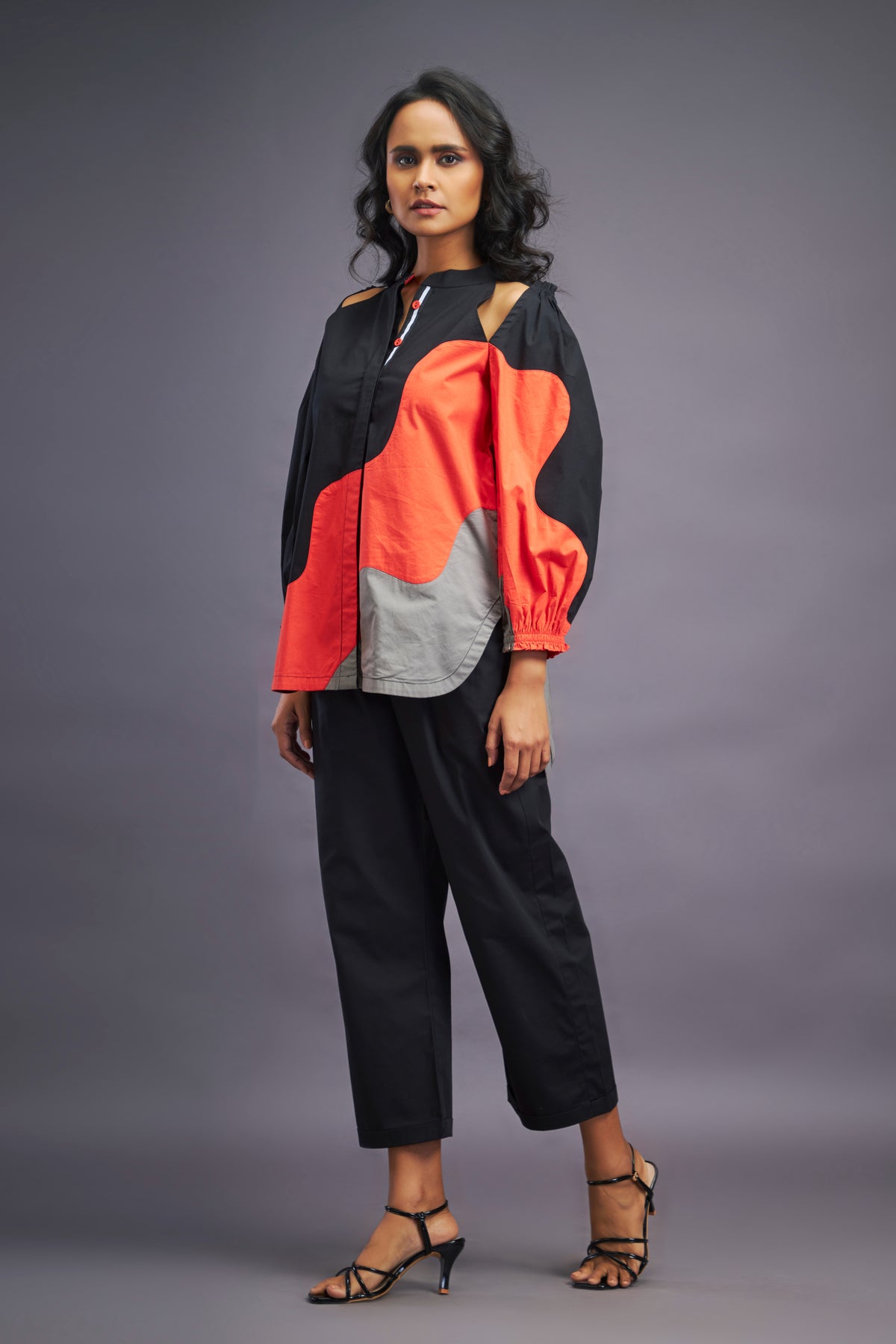 Black Orange Cold Shoulder Shirt