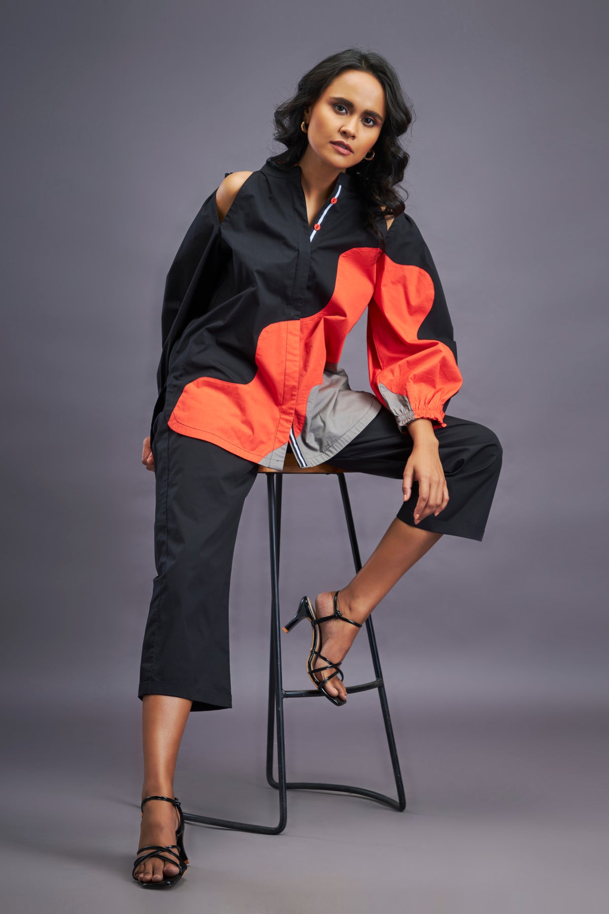 Black Orange Cold Shoulder Shirt