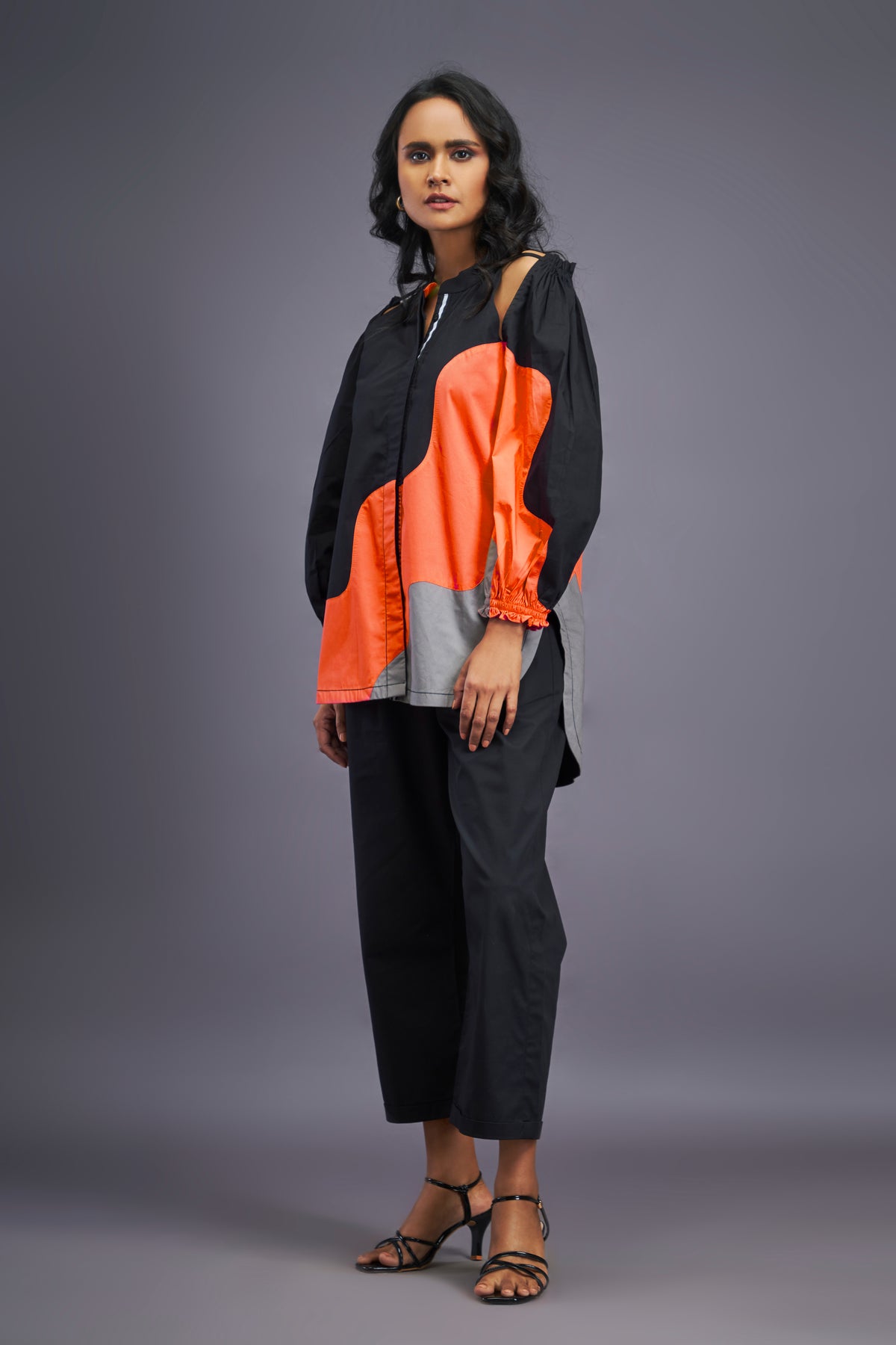 Black Orange Cold Shoulder Shirt