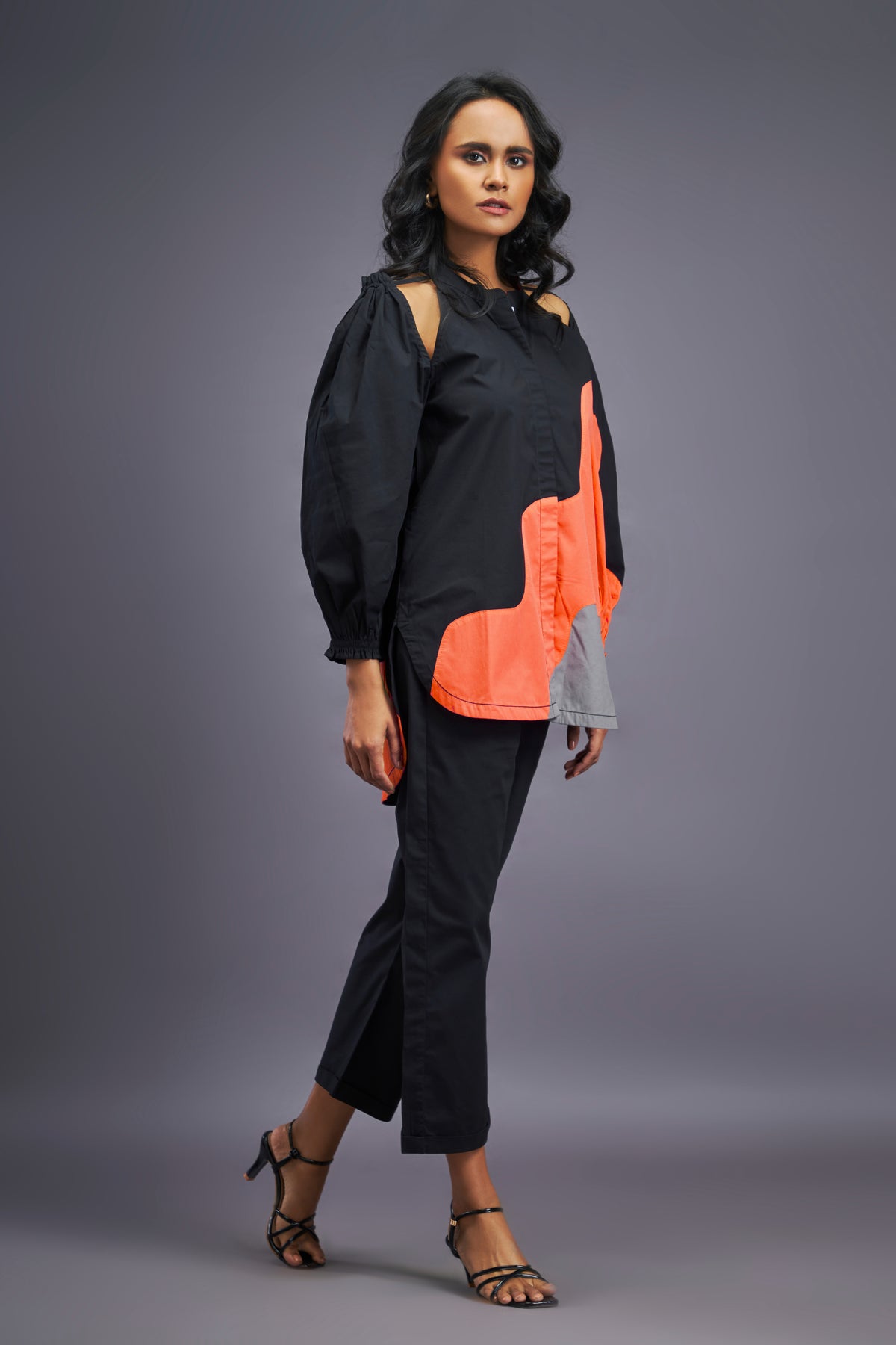 Black Orange Cold Shoulder Shirt