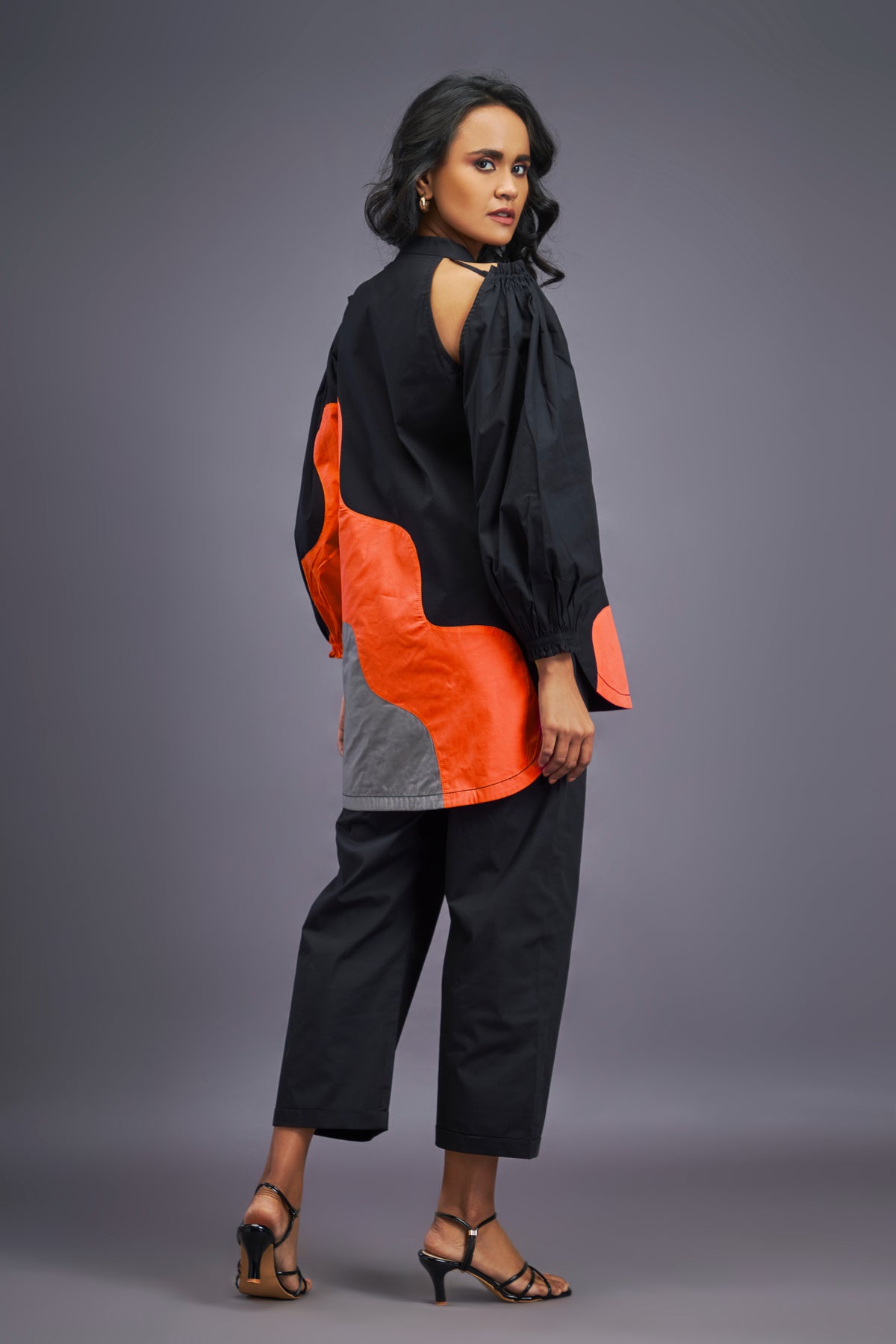 Black Orange Cold Shoulder Shirt