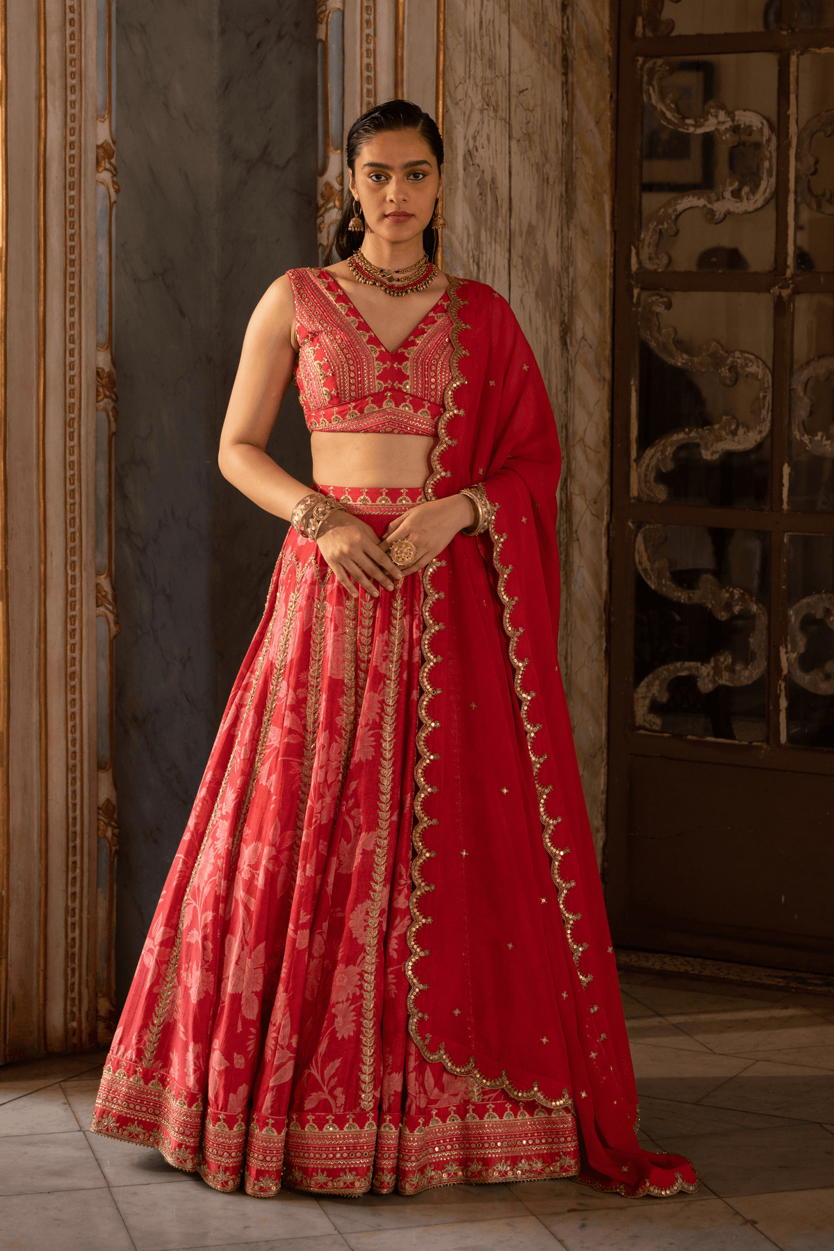 Red Mono Floral Lehenga Set