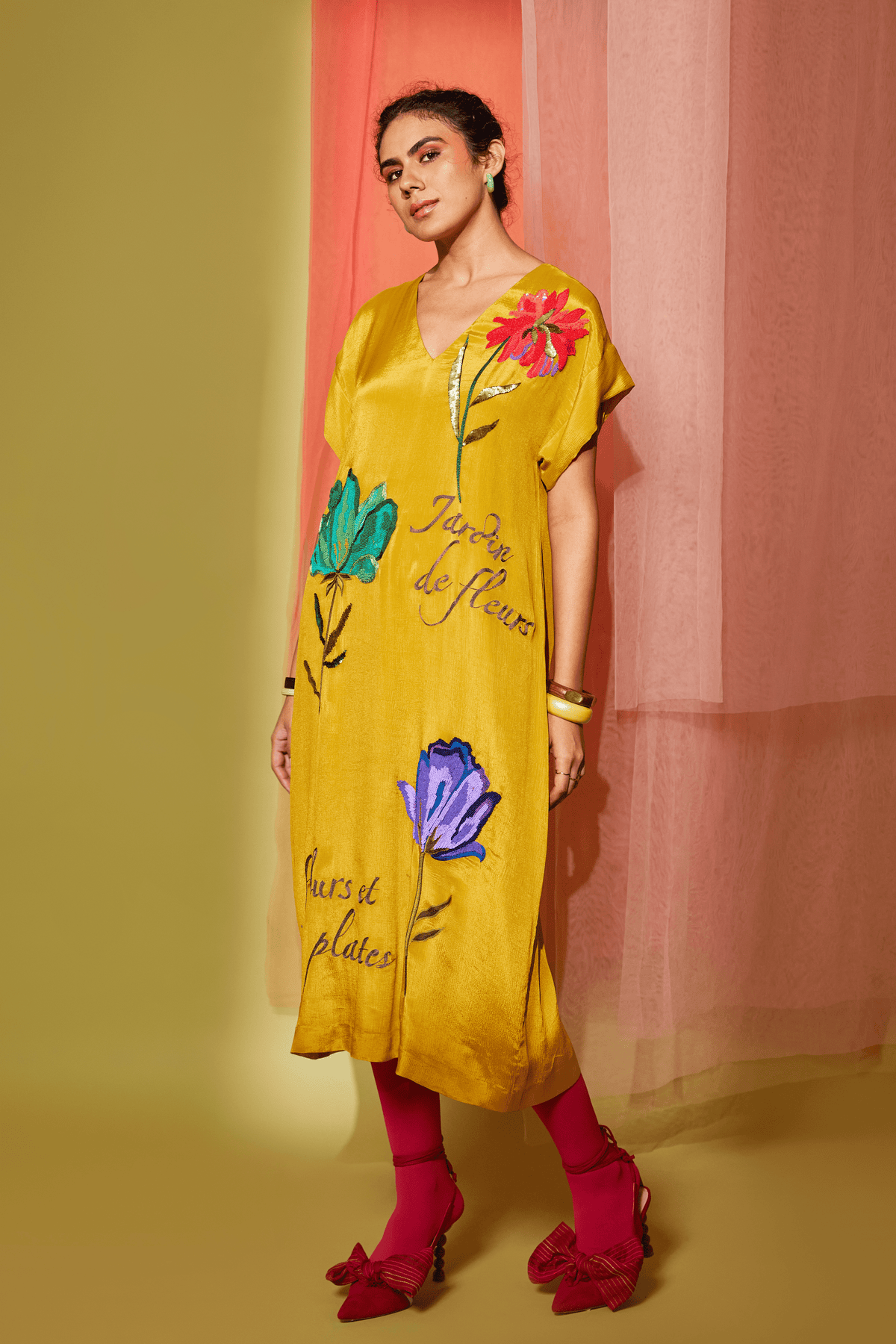 Mustard Flower Drop Shoulder Midi