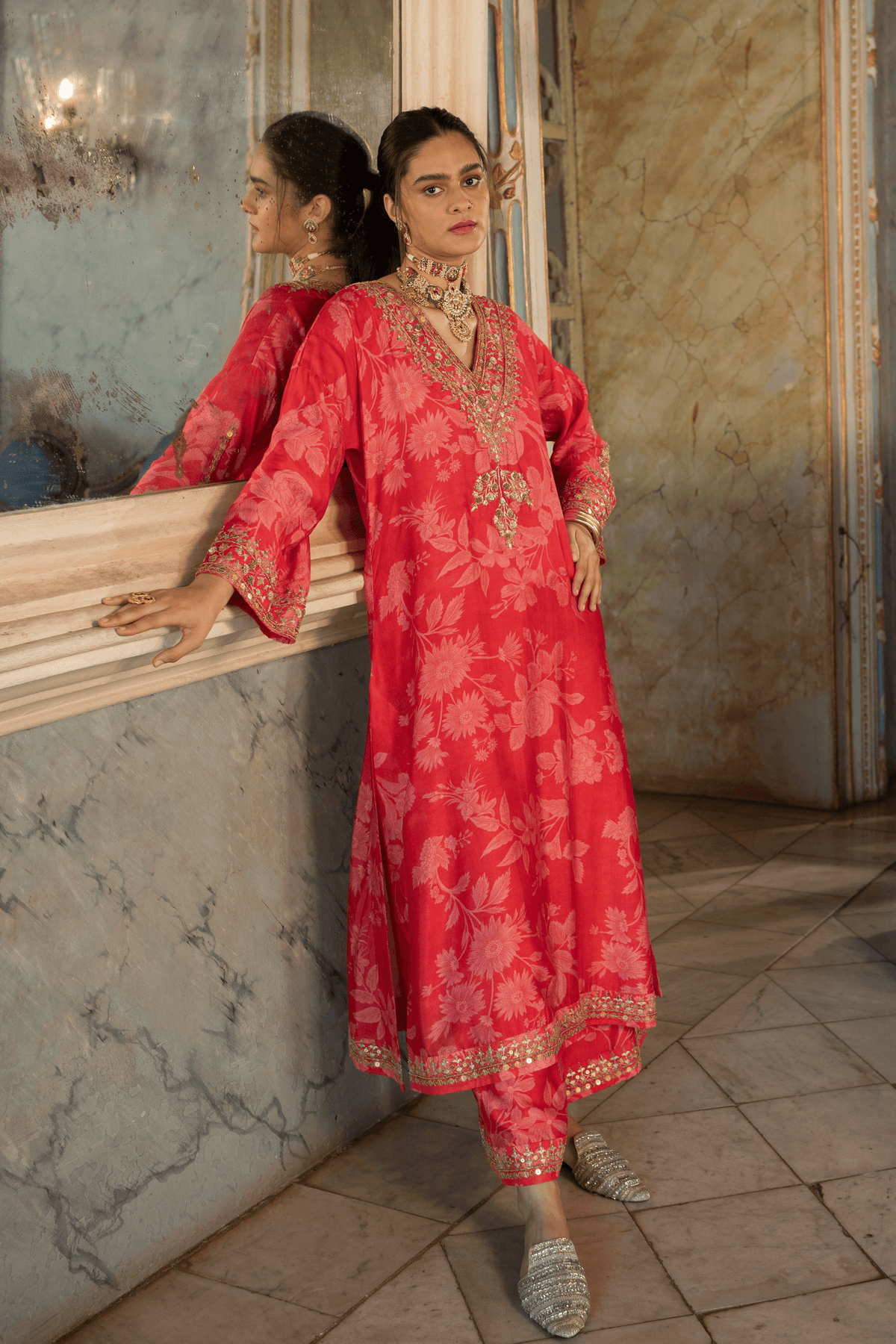 Red Mono Floral Kurta Set