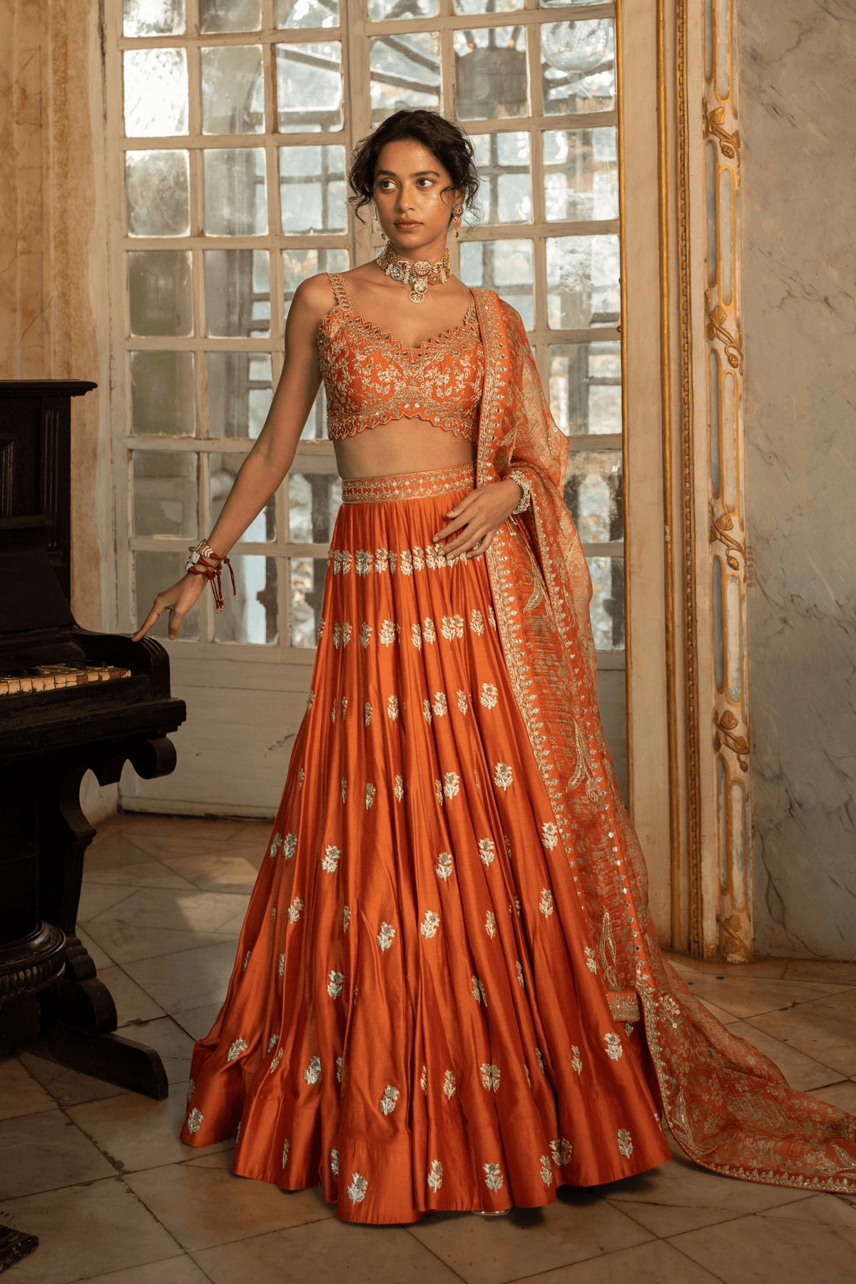 Orange Buti Embroidered Lehenga Set