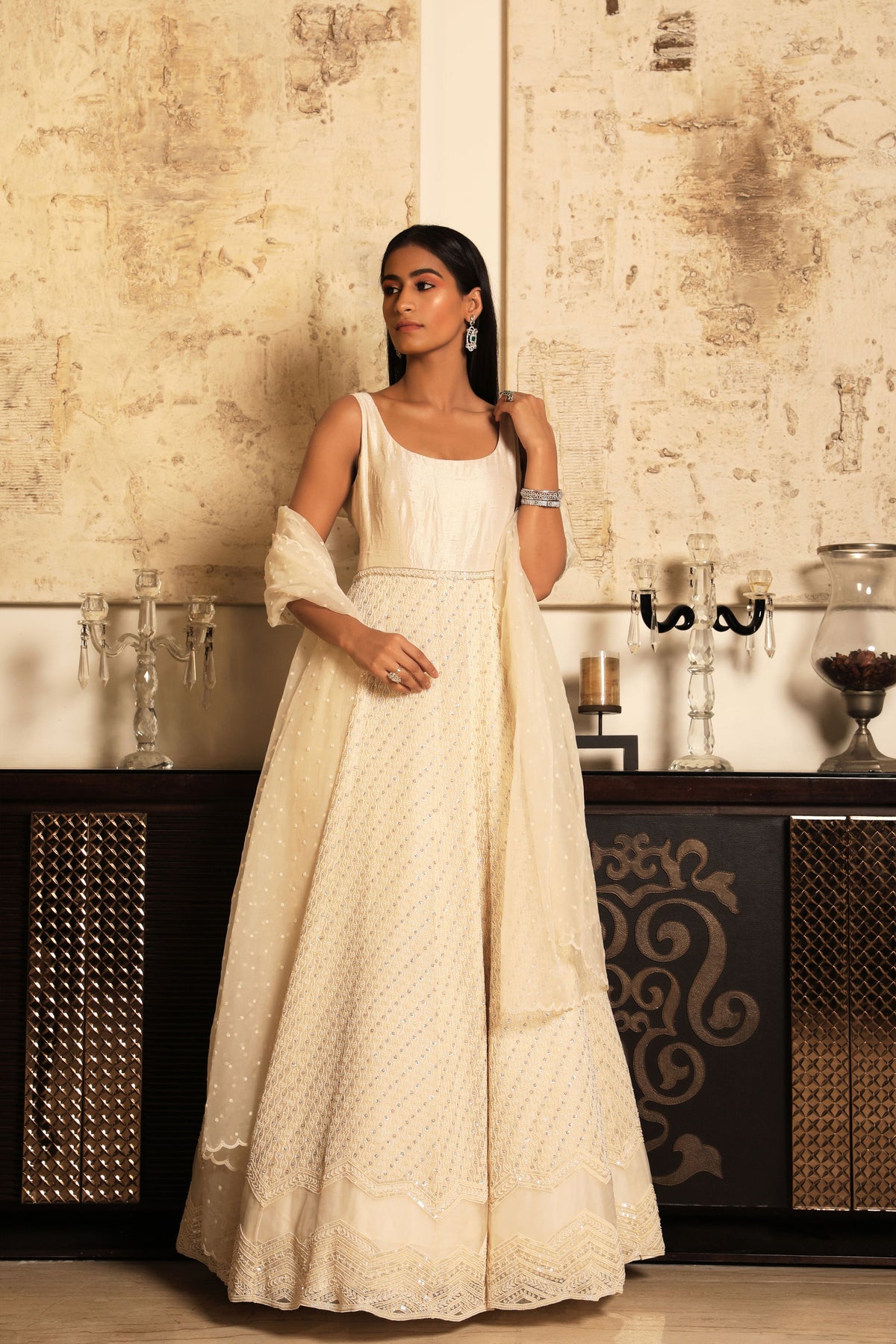 Ivory embroidered anarkali set