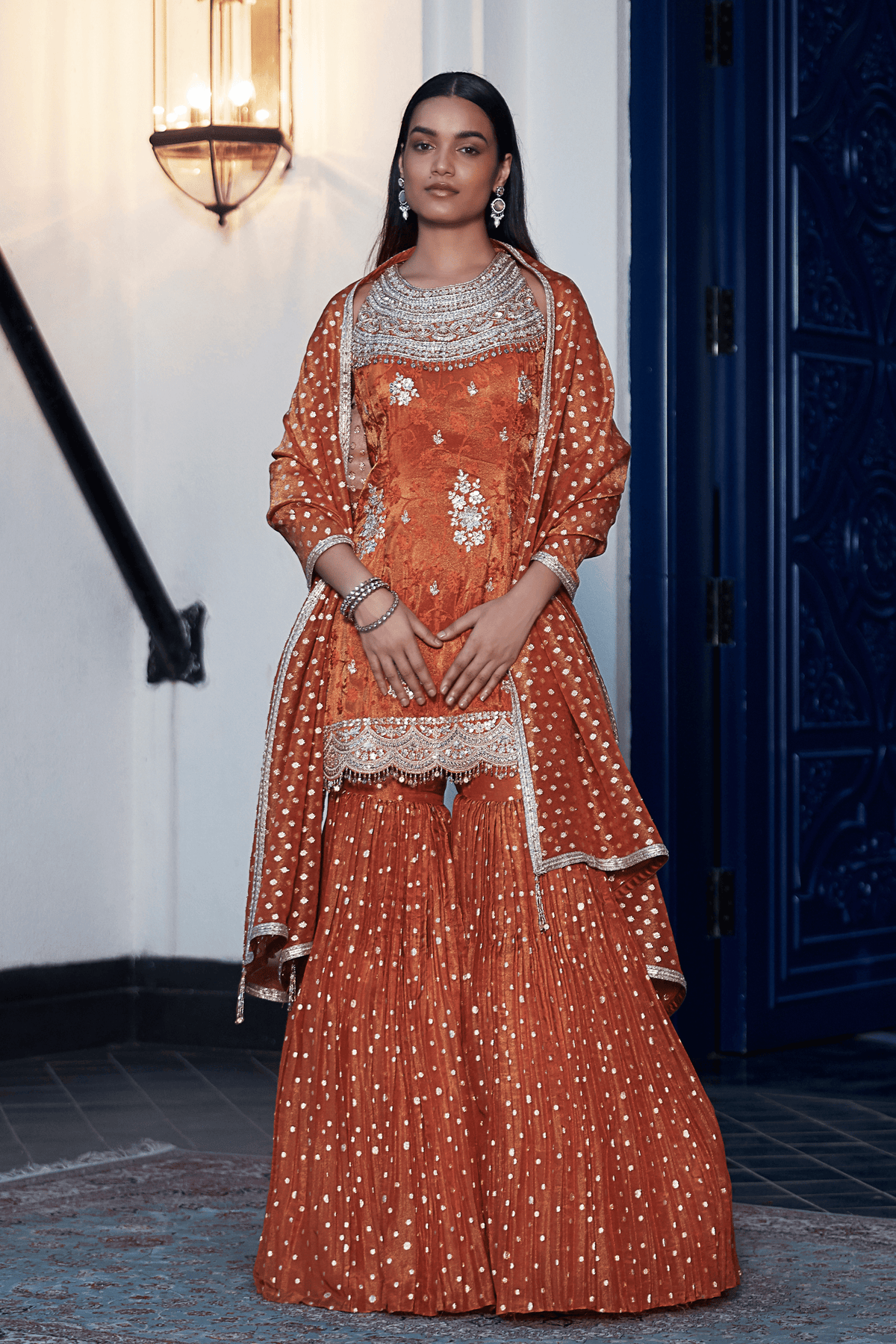 Rust Tissue Embroidered Sharara Set