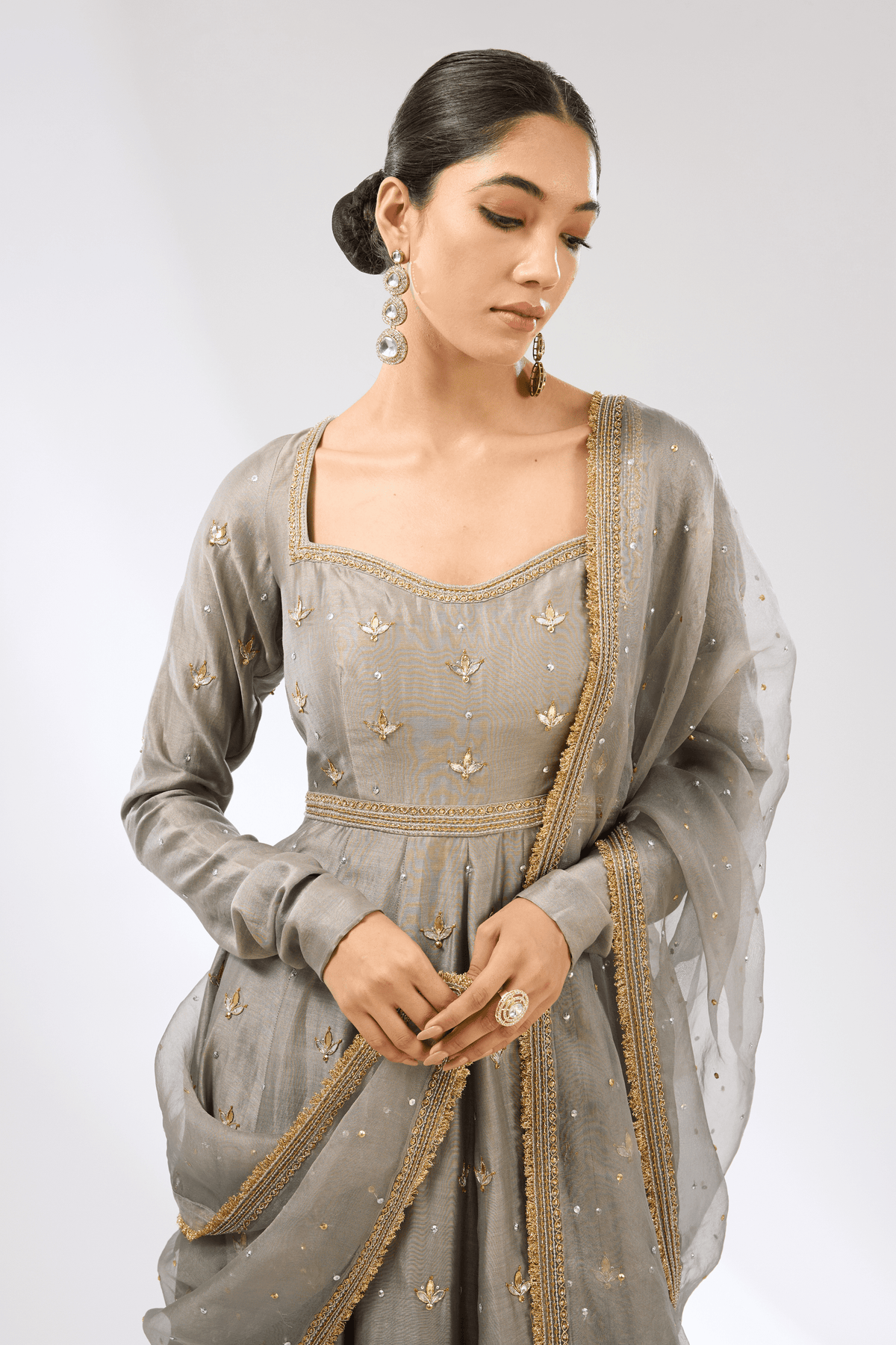 Gota Patti Grey Anarkali Set