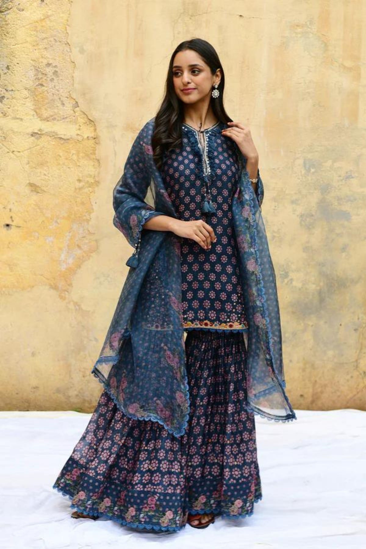 Blue Dotted Cascade Sharara Set