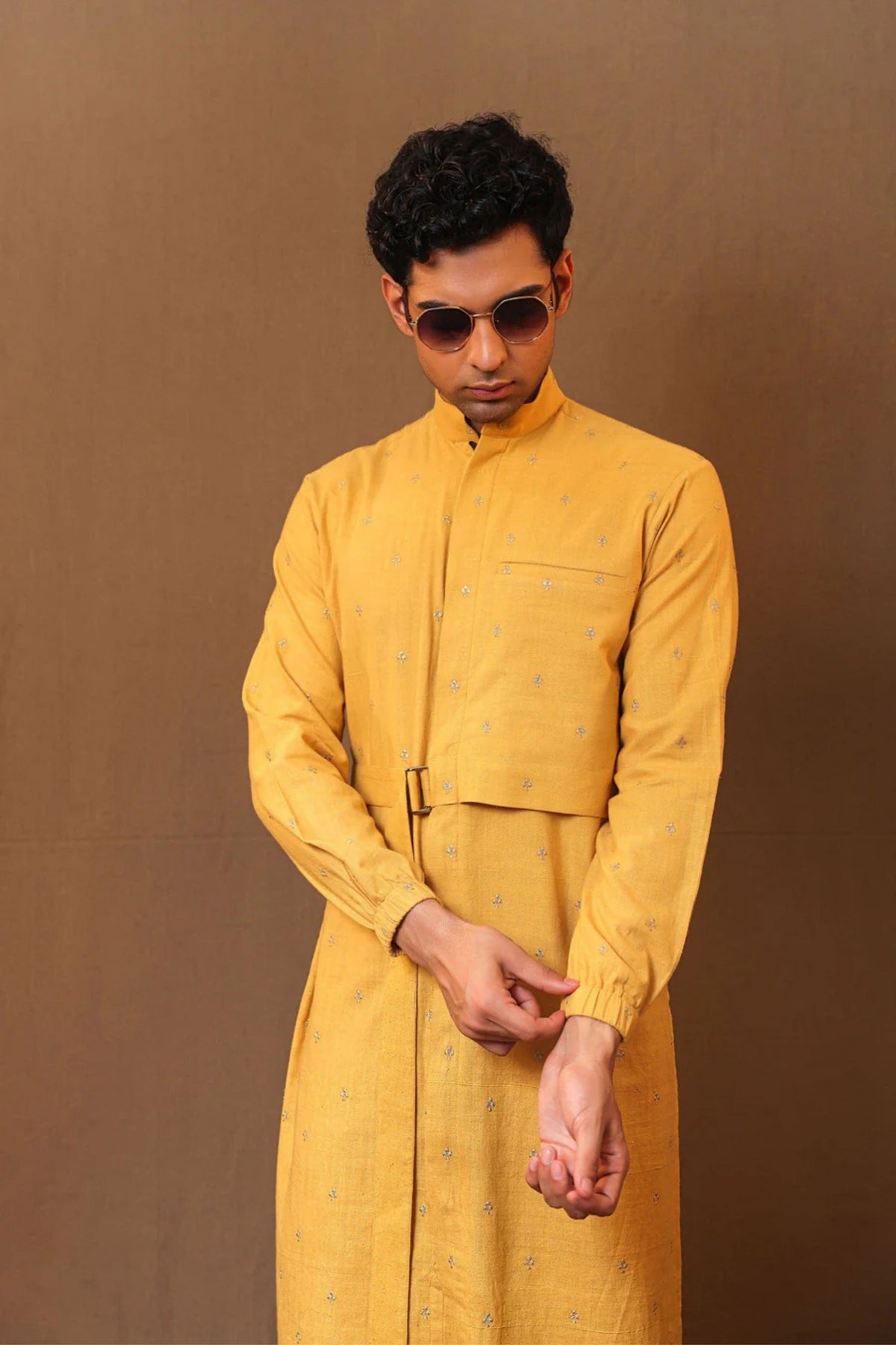 Mustard Zari Belted Kurta Set